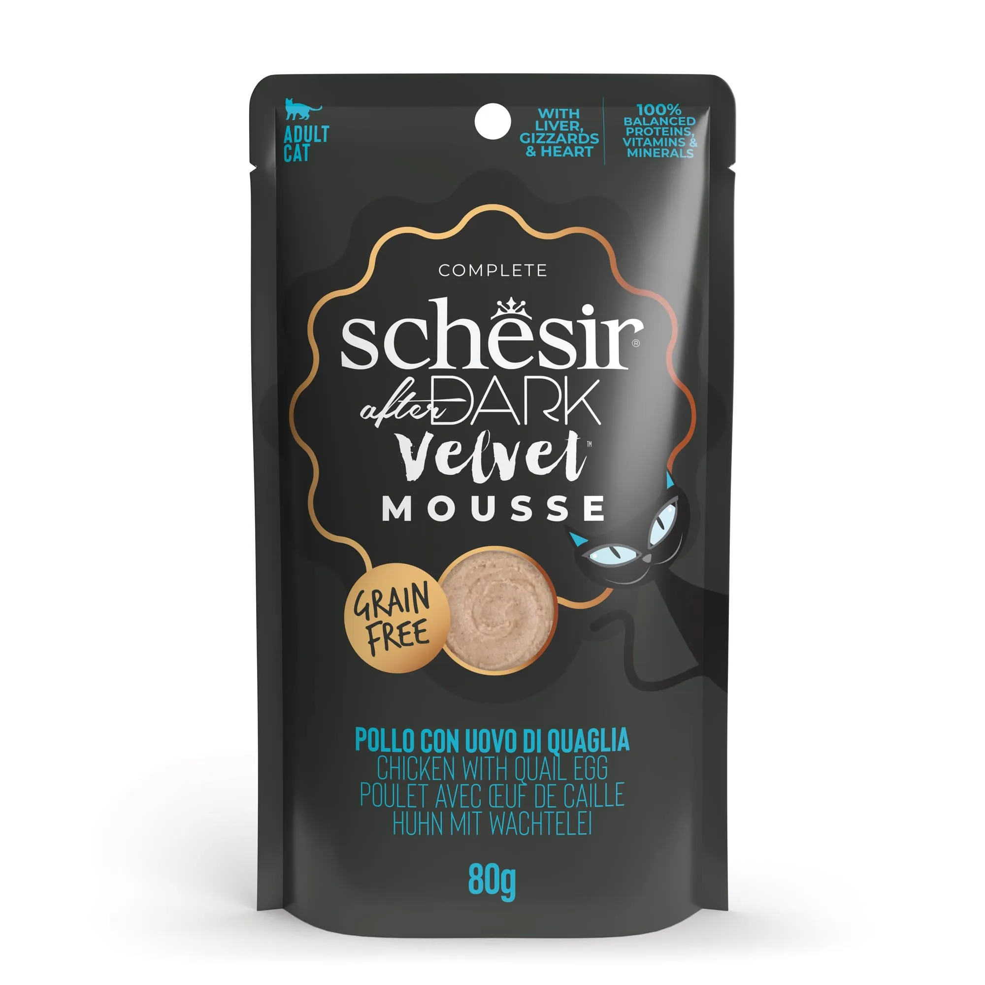 Schesir After Dark Filetti di Pollo con Uova di Quaglia in Mousse, Alimento Umido Completo per Gatti, Grain Free, 12 x 80 g - immagine 1