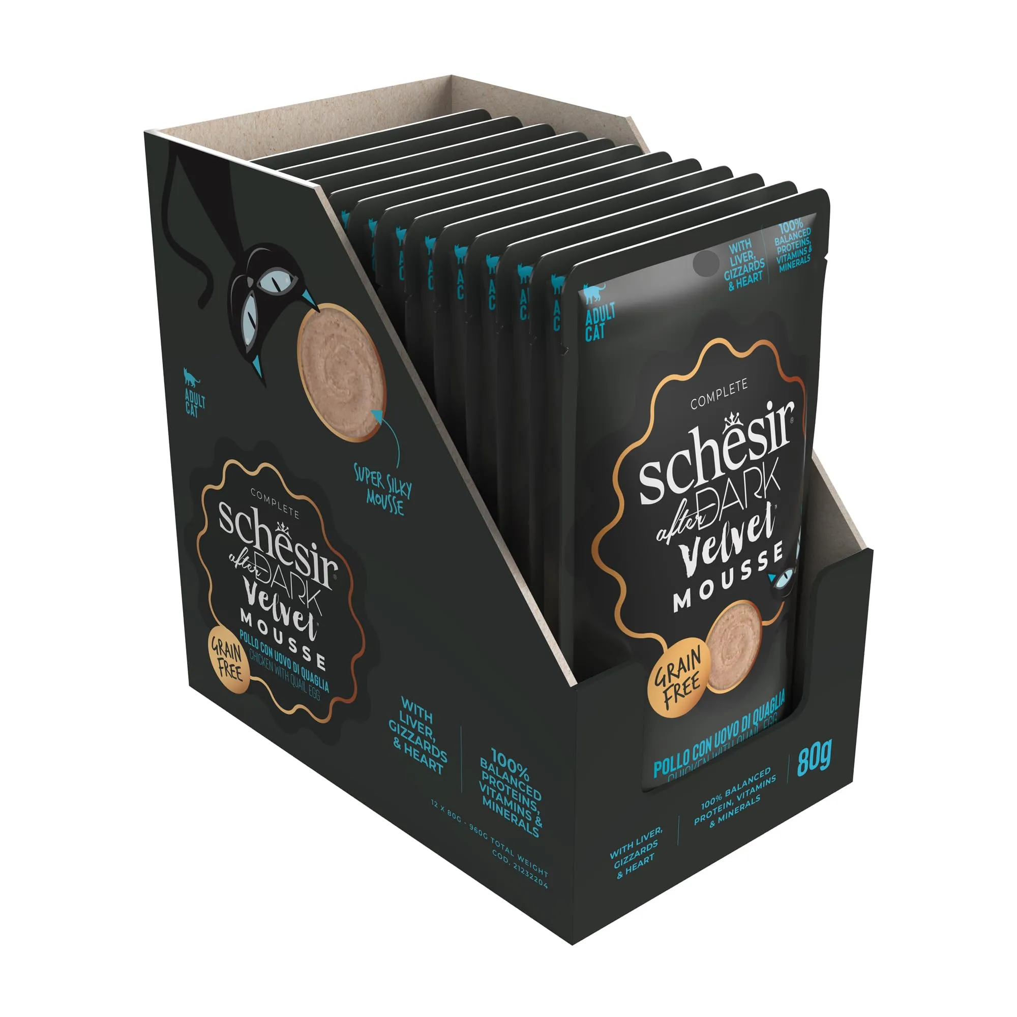 Schesir After Dark Filetti di Pollo con Uova di Quaglia in Mousse, Alimento Umido Completo per Gatti, Grain Free, 12 x 80 g - immagine 2