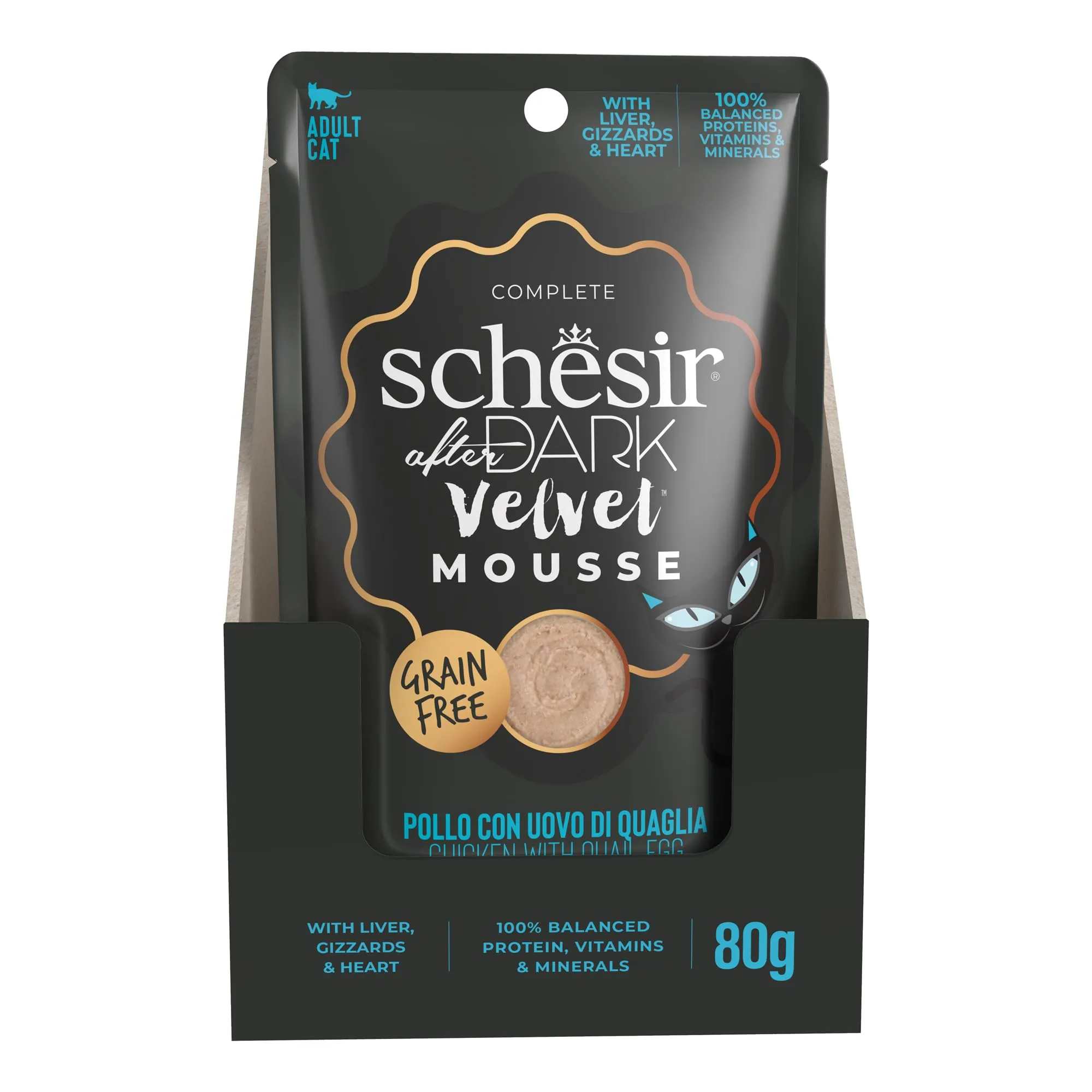 Schesir After Dark Filetti di Pollo con Uova di Quaglia in Mousse, Alimento Umido Completo per Gatti, Grain Free, 12 x 80 g - immagine 3