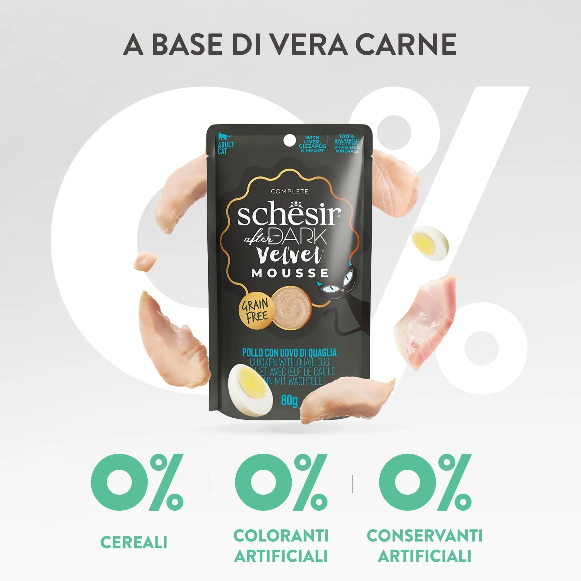 Schesir After Dark Filetti di Pollo con Uova di Quaglia in Mousse, Alimento Umido Completo per Gatti, Grain Free, 12 x 80 g - immagine 8