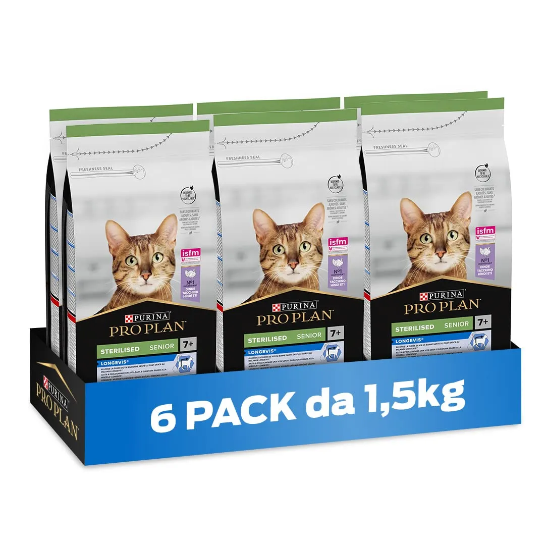 Purina Pro Plan Longevis Sterilised Senior 7+ Crocchette Gatti Ricco in Tacchino, 6 x 1,5 kg - immagine 1
