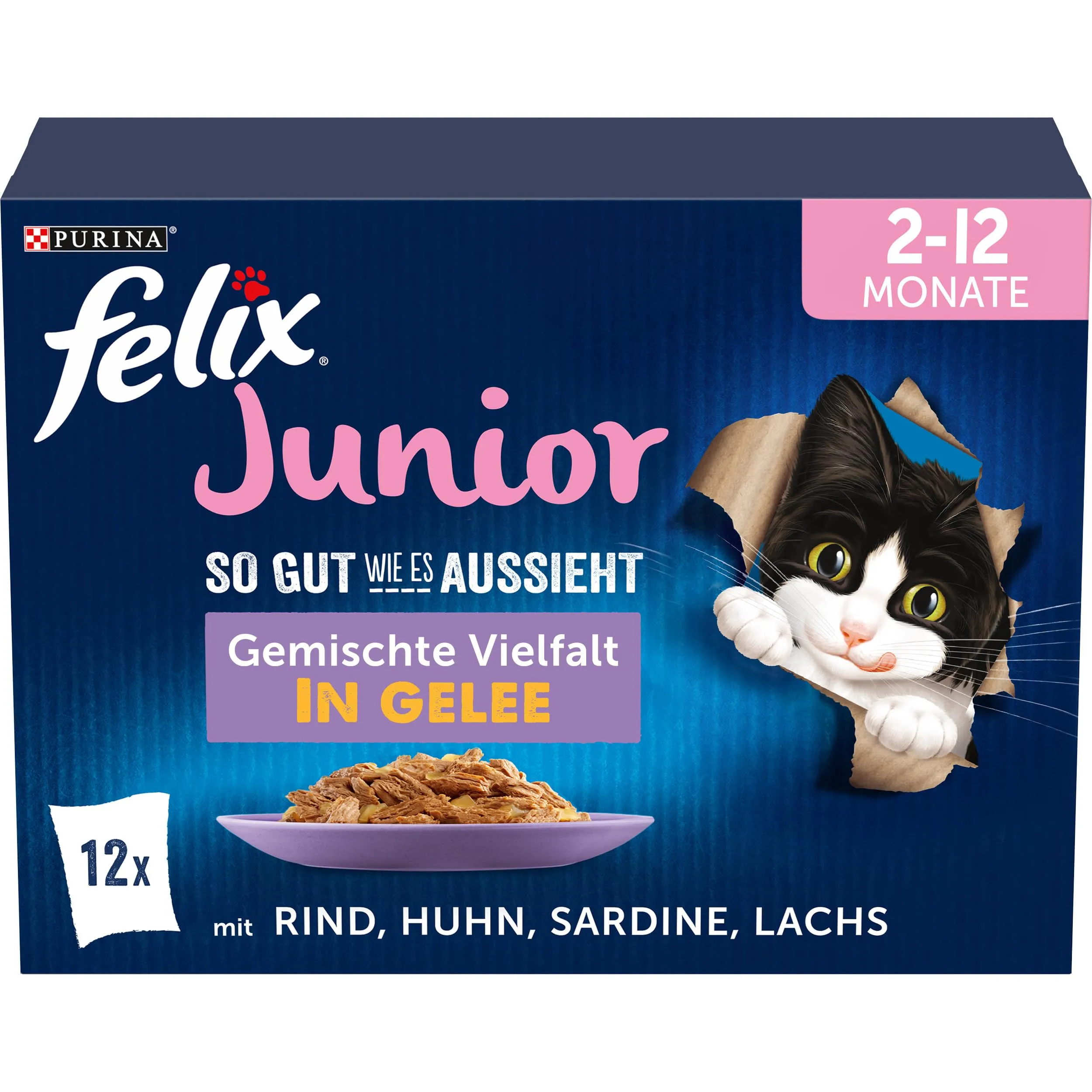 Felix Così come sembra Junior Cibo Umido in Gelatina, Mix di Varietà, 6 x 12 bustine da 85 g - immagine 1