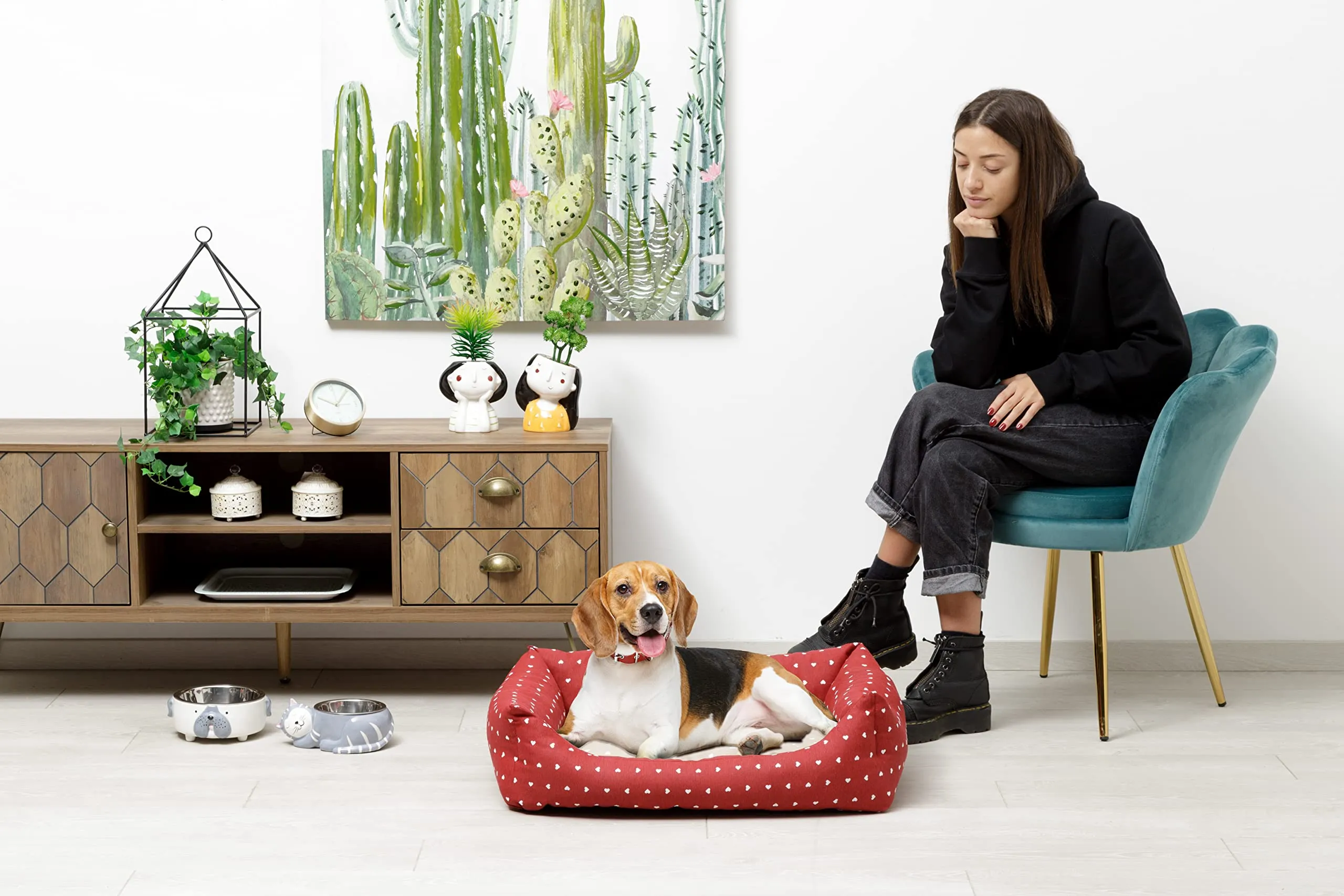 Baroni Home Cuccia per Cane in tessuto Rosso e Beige con Cuori, 60x70 cm, Lavabile - immagine 5