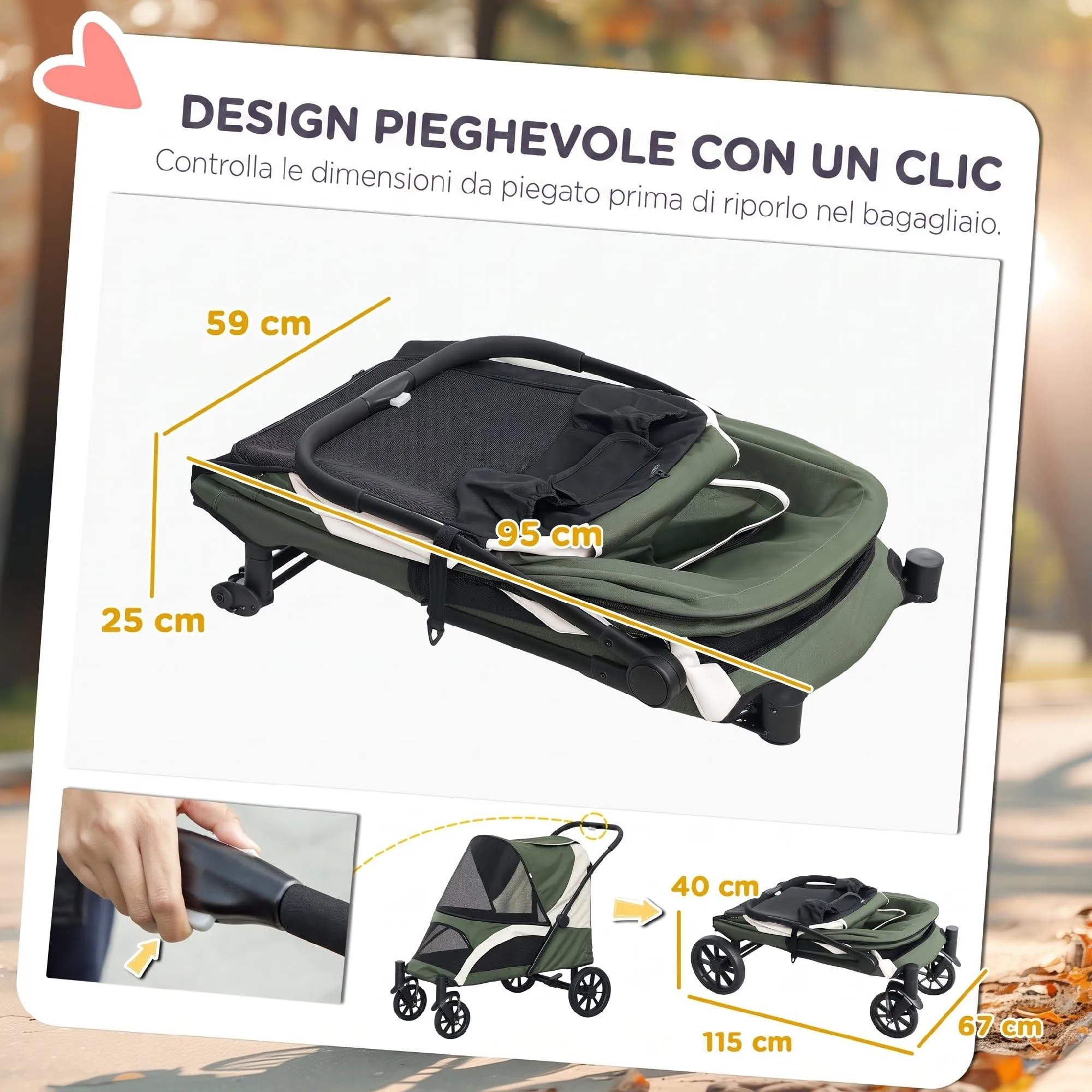 PawHut Passeggino per Cani Taglia Media Pieghevole con Cuscino, Verde Scuro - immagine 5