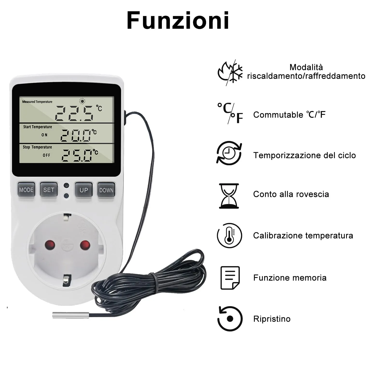 KETOTEK KT3100 Digitale Presa Termostato Regolatore di Temperatura con Sonda 220V per Riscaldamento e Raffreddamento - immagine 2