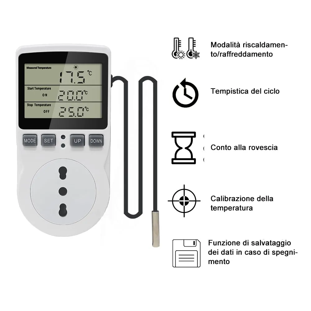 KETOTEK Presa Termostato Digitale con Sonda 220V KT3100 IT per Riscaldamento e Raffreddamento - immagine 3