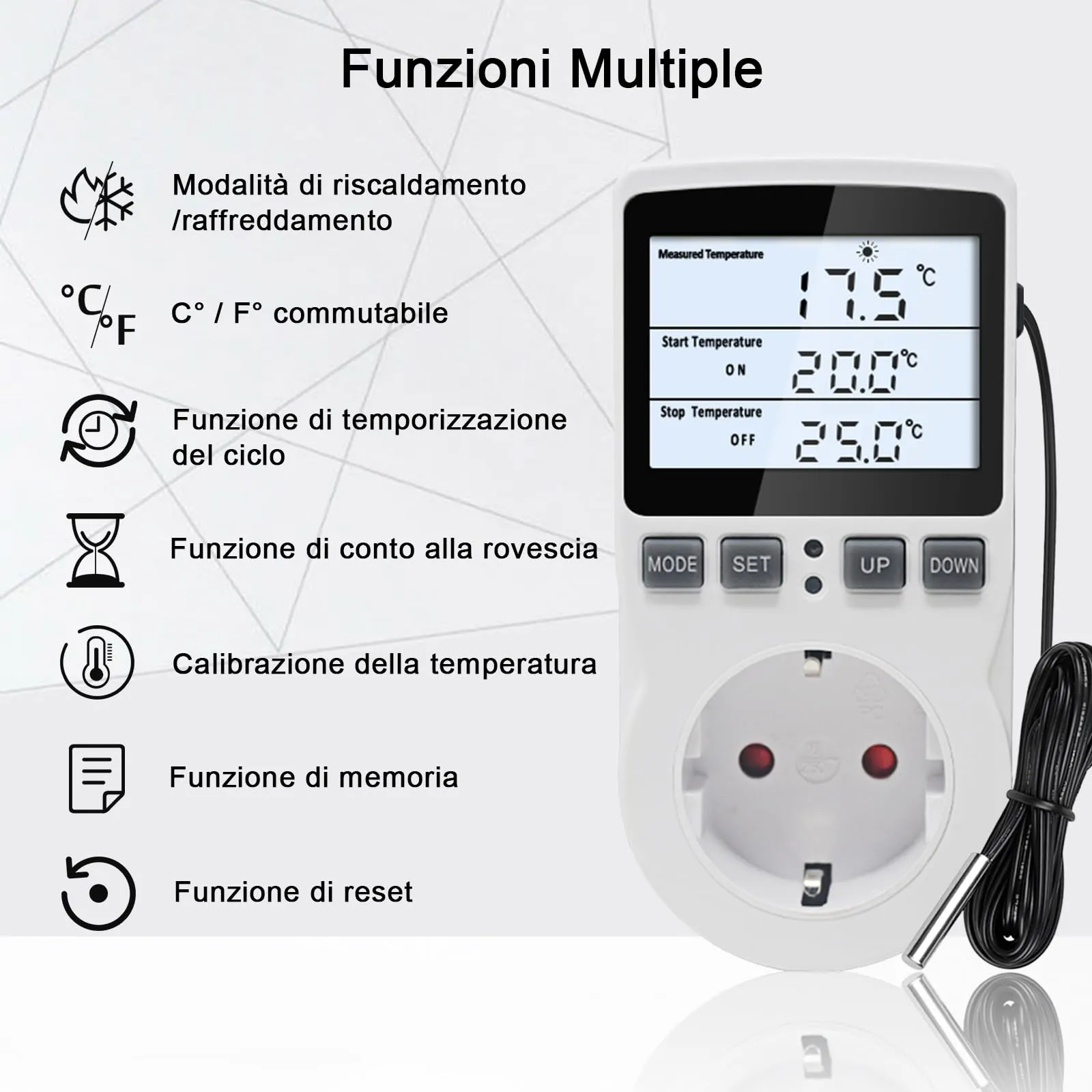KETOTEK KT3100BL Presa Termostato Digitale con Sonda da 3 Metri, 220V-230V per Riscaldamento e Raffreddamento - immagine 2