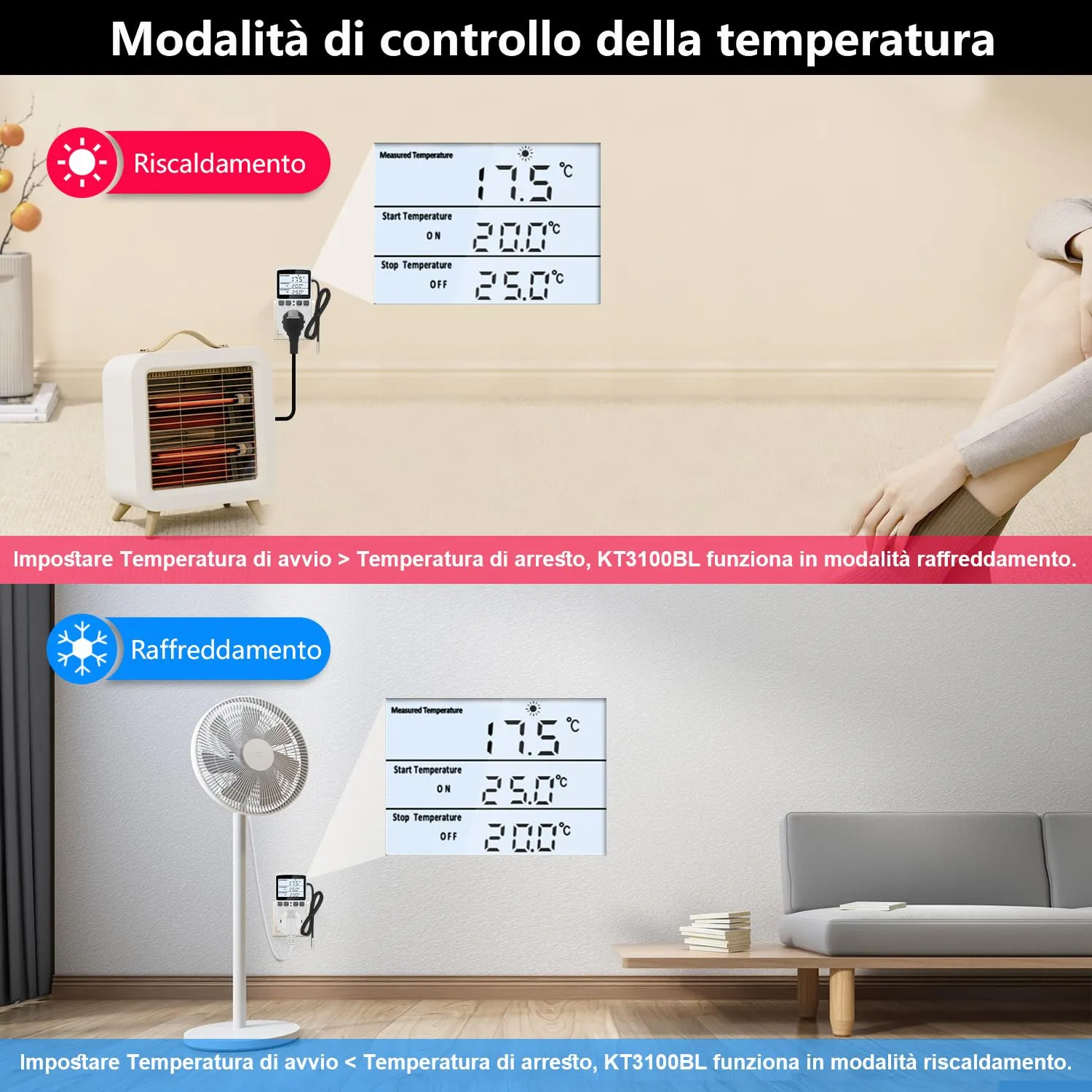 KETOTEK KT3100BL Presa Termostato Digitale con Sonda da 3 Metri, 220V-230V per Riscaldamento e Raffreddamento - immagine 4