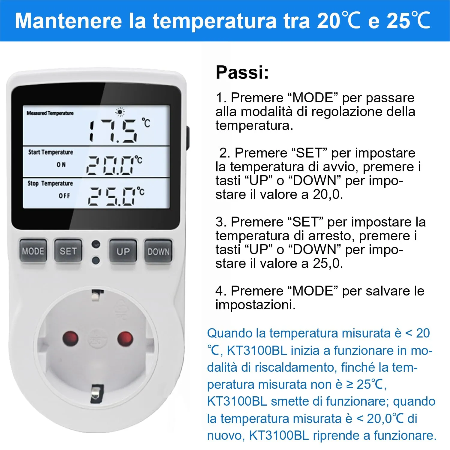 KETOTEK KT3100BL Presa Termostato Digitale con Sonda da 3 Metri, 220V-230V per Riscaldamento e Raffreddamento - immagine 6