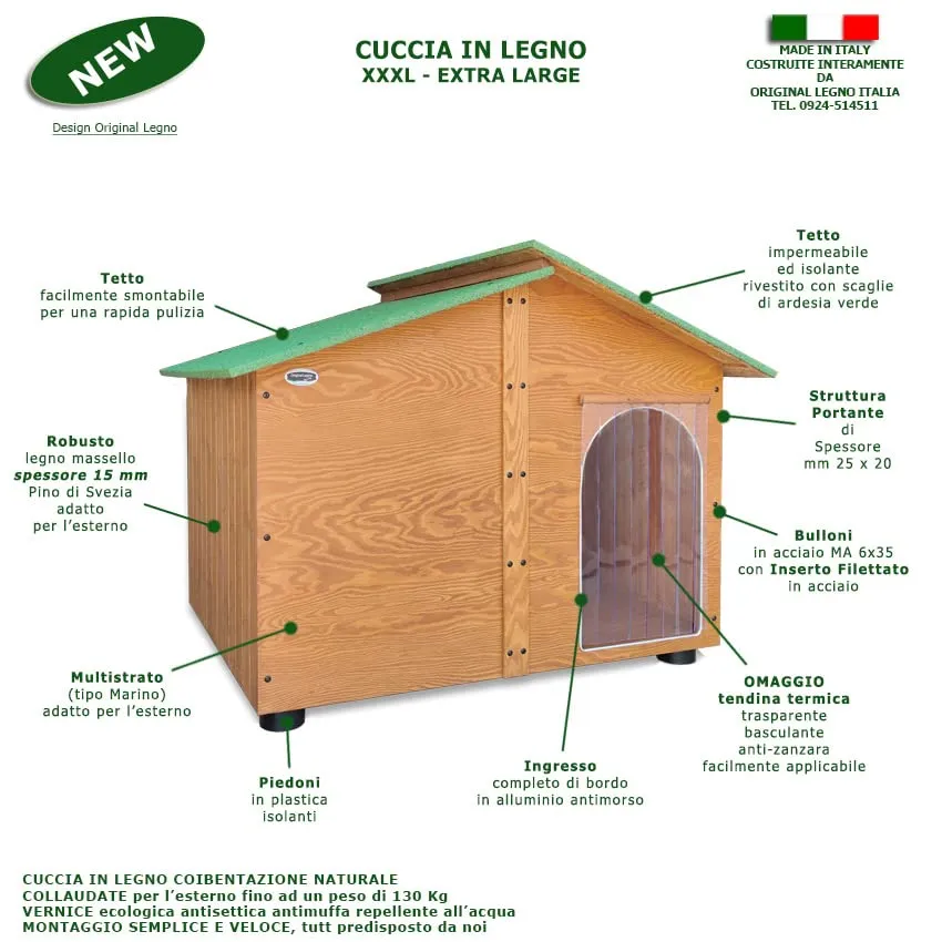 Original Legno Cuccia in Legno per Cani da Esterno mod. Alpi F - Extra Large 150x125xH115 - immagine 2