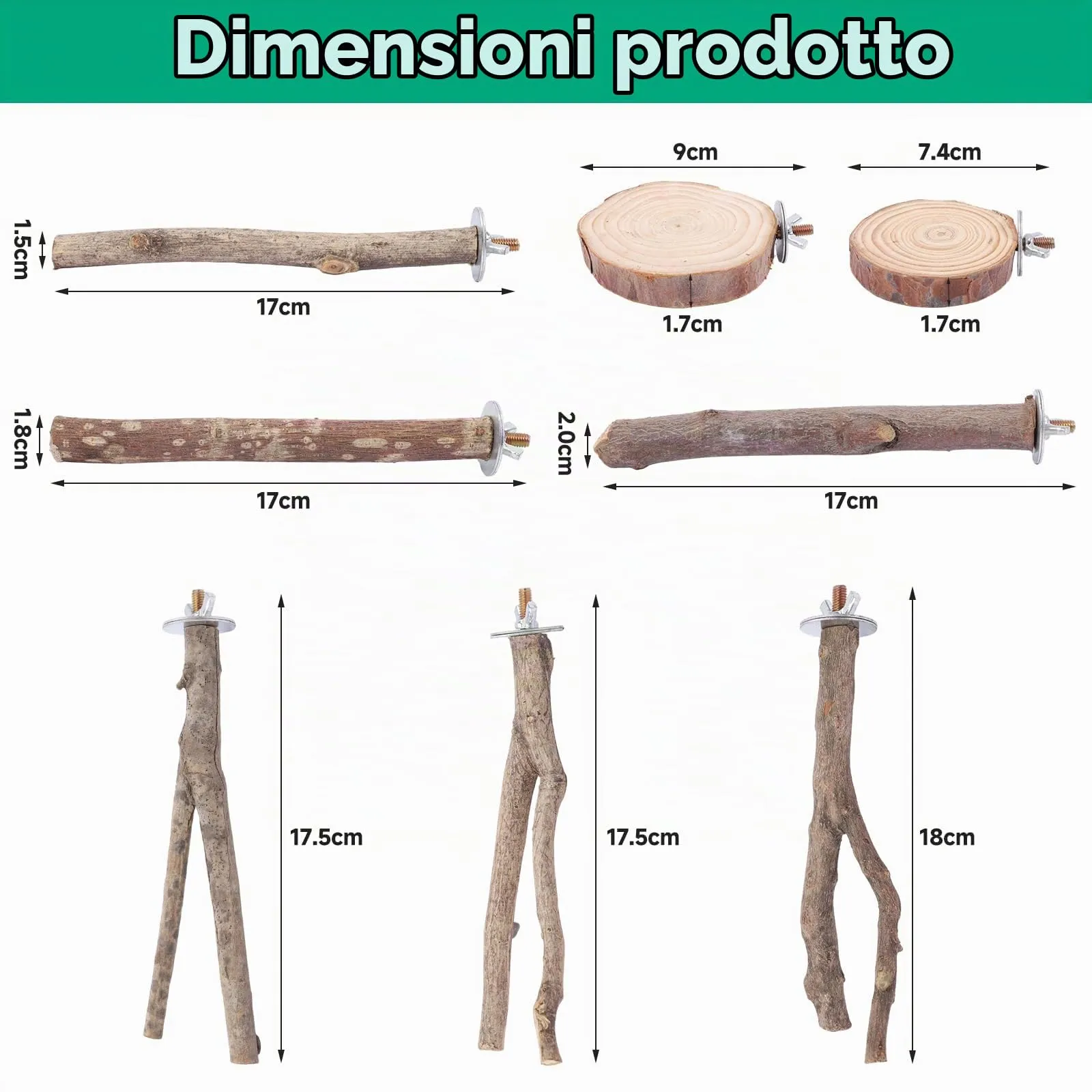 Vexnaro Posatoi per Uccelli in Legno Naturale, Set di 8 Pezzi con Trespoli e Supporti per Pappagalli, Calopsitte, Canarini e Parrocchetti - immagine 2