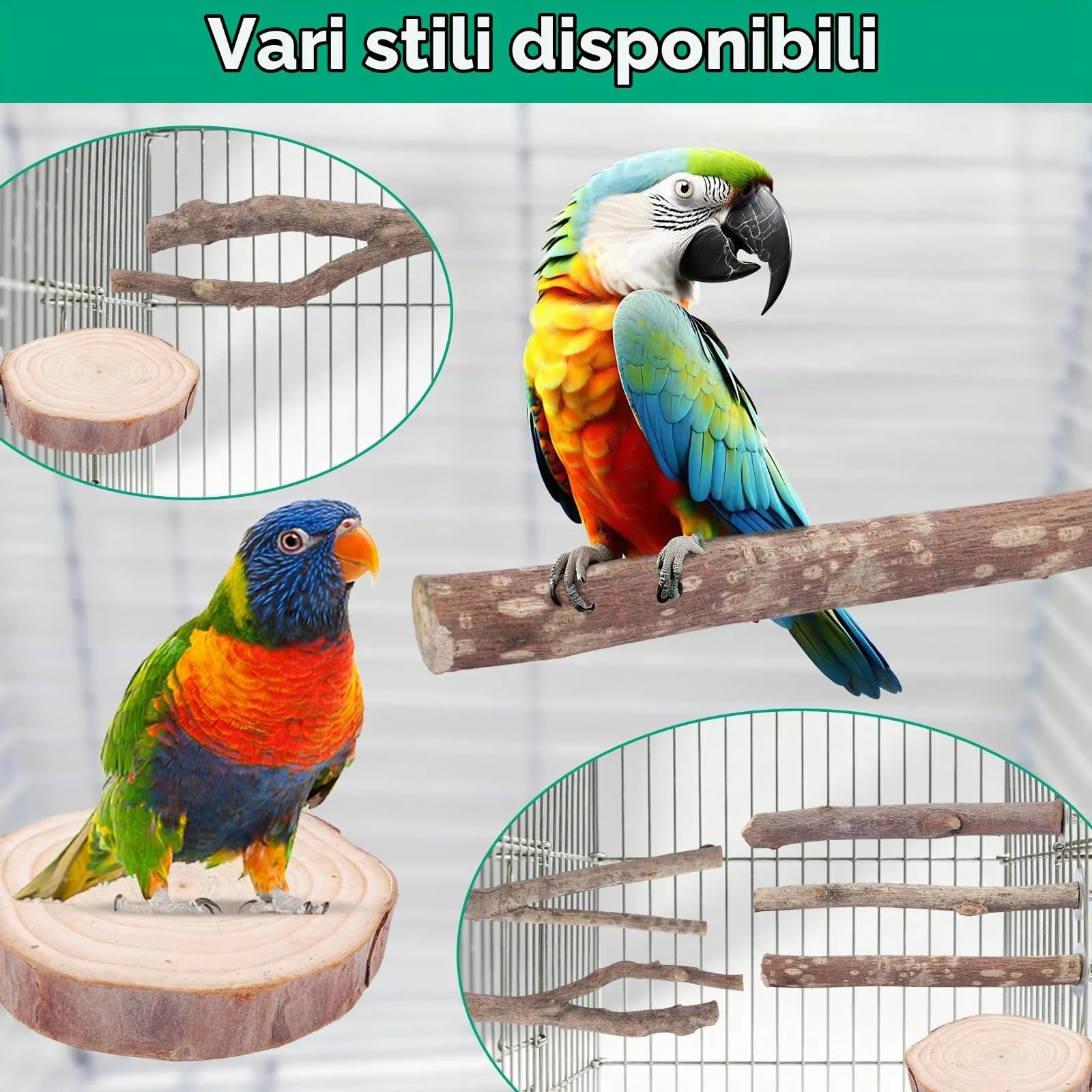 Vexnaro Posatoi per Uccelli in Legno Naturale, Set di 8 Pezzi con Trespoli e Supporti per Pappagalli, Calopsitte, Canarini e Parrocchetti - immagine 6