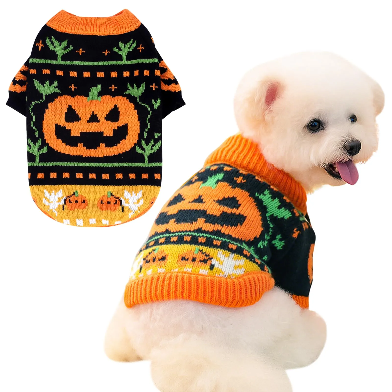 Fnaobai Maglione per cani e gatti di Halloween a collo alto, Arancione, S - immagine 1