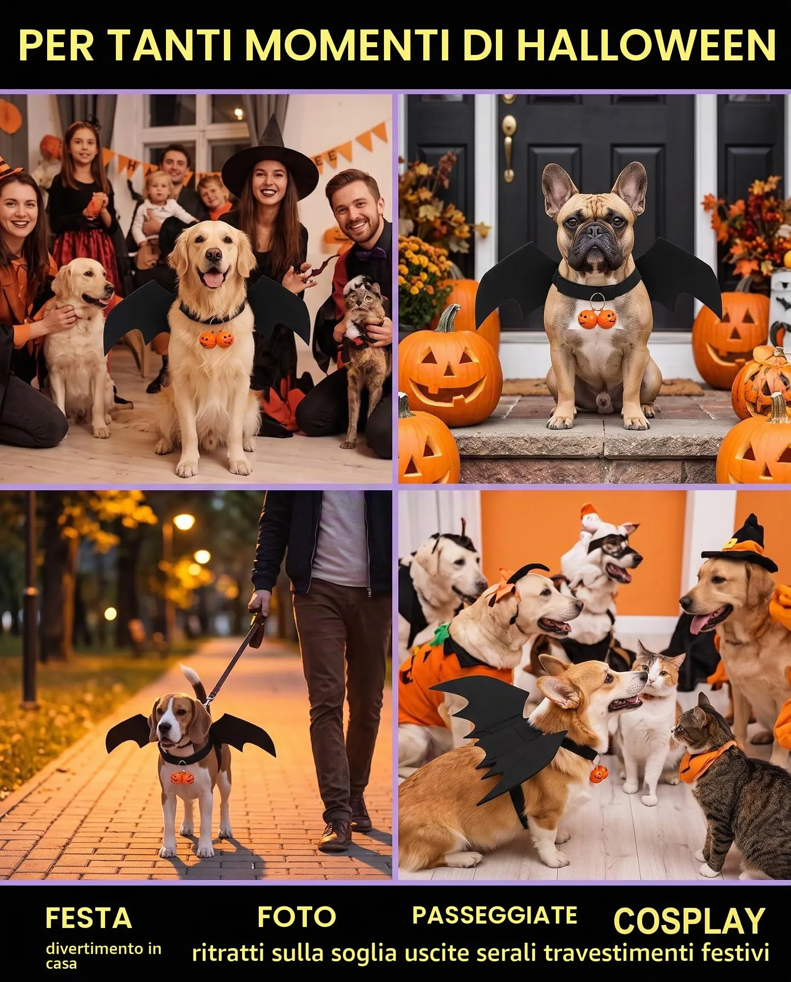 YIPFEN Costume Halloween per Cani e Gatti con Ali da Pipistrello e Campanella a Zucca - immagine 4