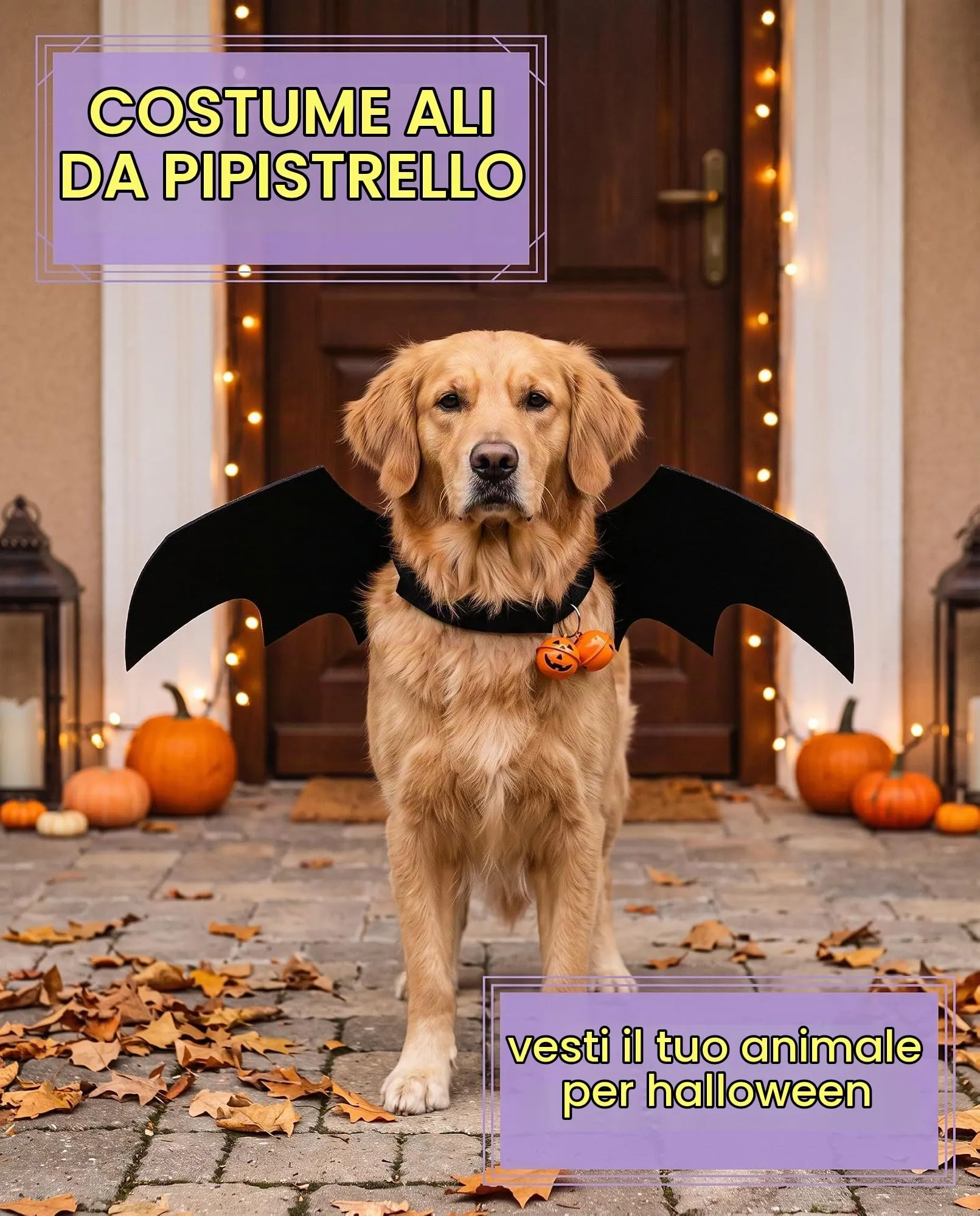YIPFEN Costume Halloween per Cani e Gatti con Ali da Pipistrello e Campanella a Zucca - immagine 5