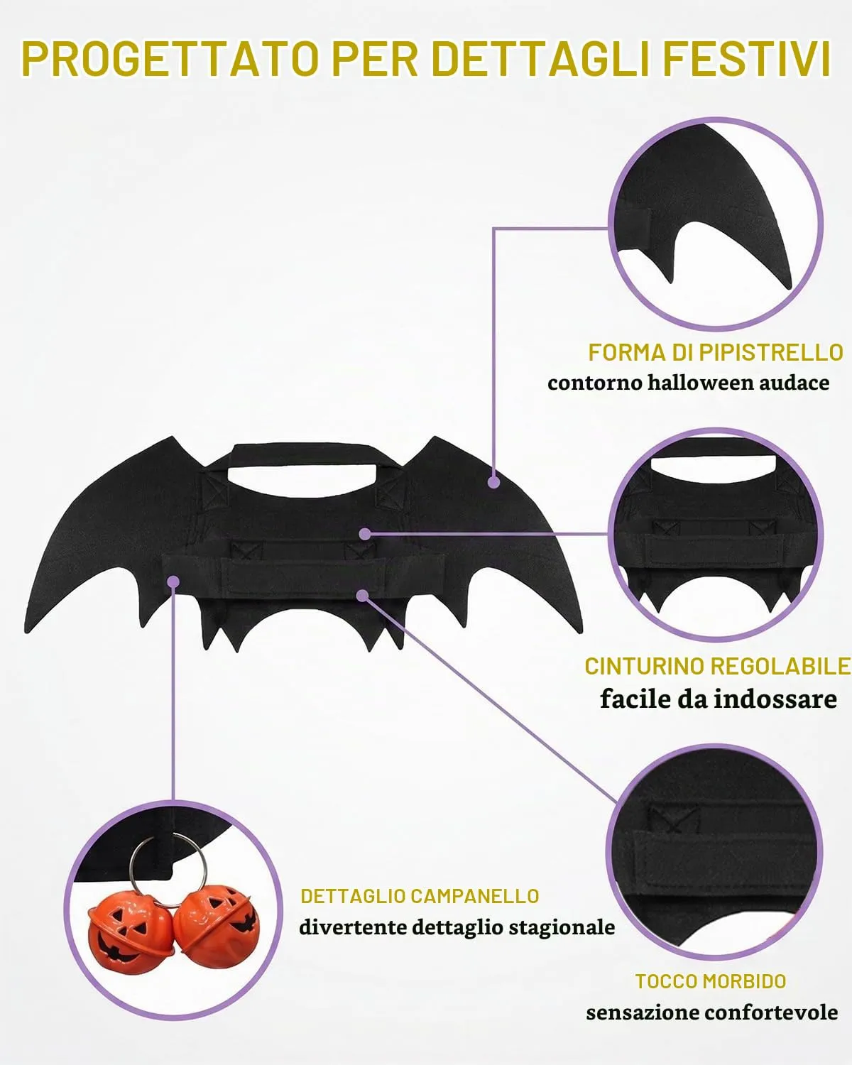 YIPFEN Costume Halloween per Cani e Gatti con Ali da Pipistrello e Campanella a Zucca - immagine 6