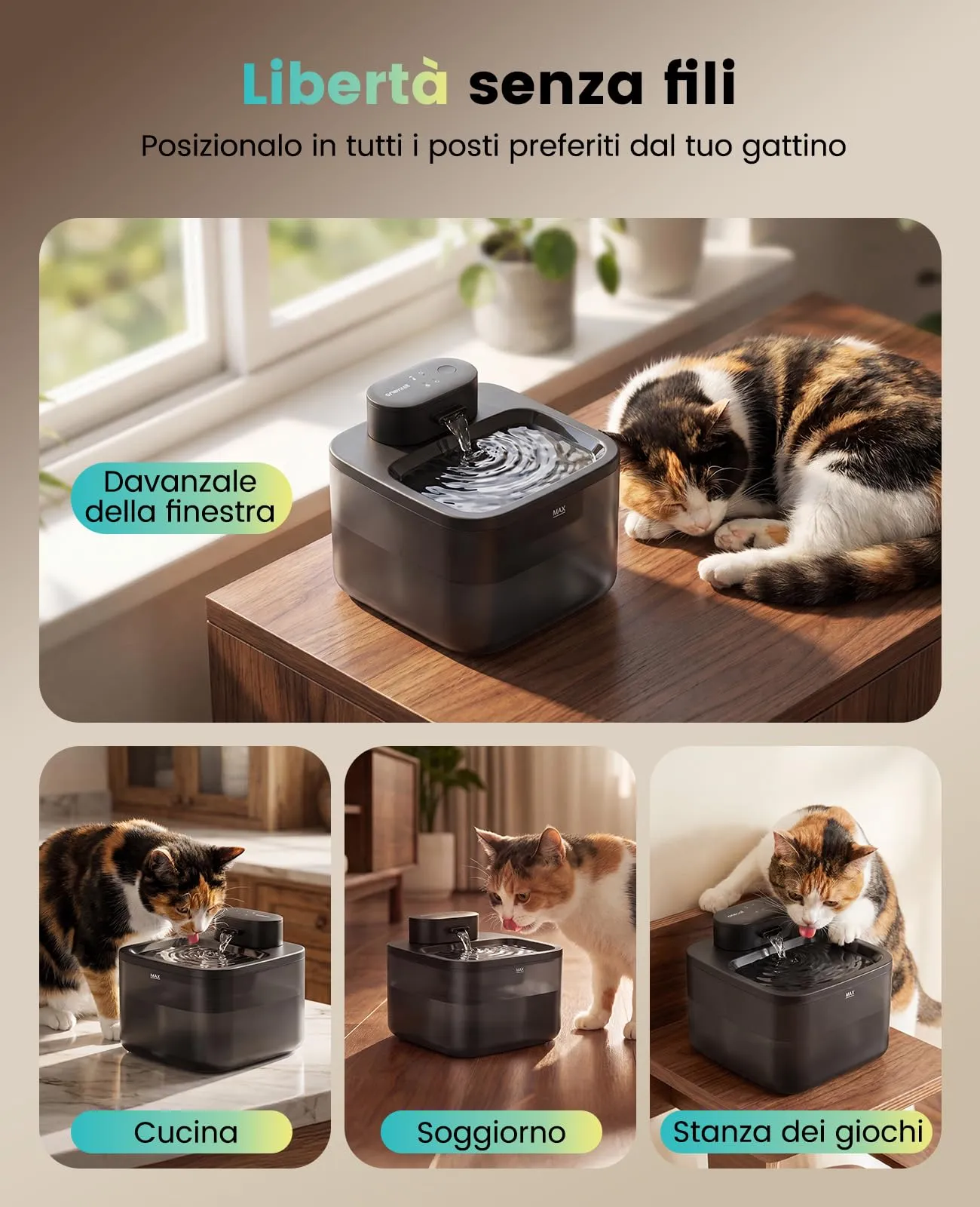 oneisall Fontana per Gatti Senza Fili 2,2 L con 6 Filtri e 6 Spugne - immagine 2