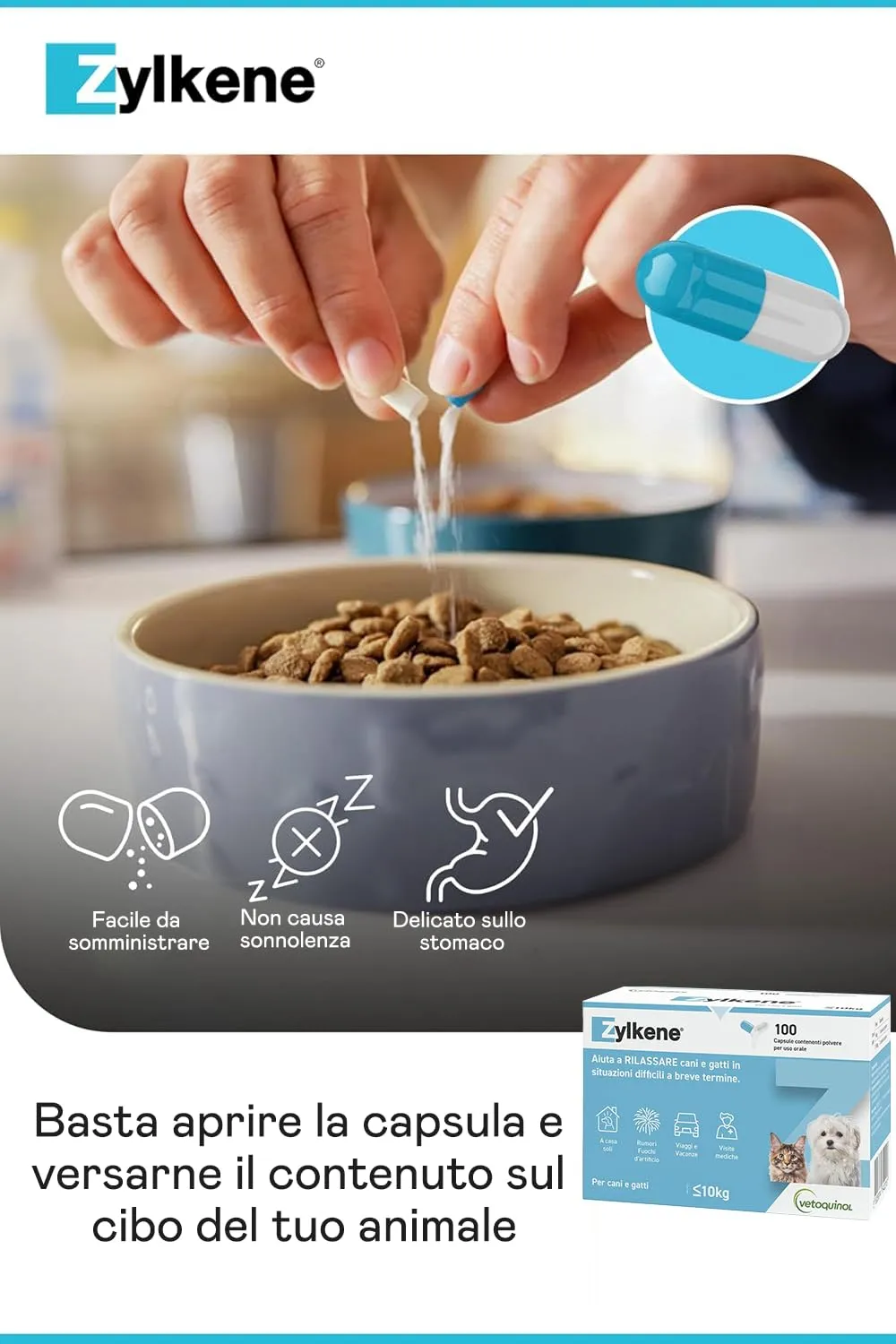 Vetoquinol Zylkene Mangime Complementare per Gatti e Cani fino a 10 kg, 75 mg, 100 capsule - immagine 3