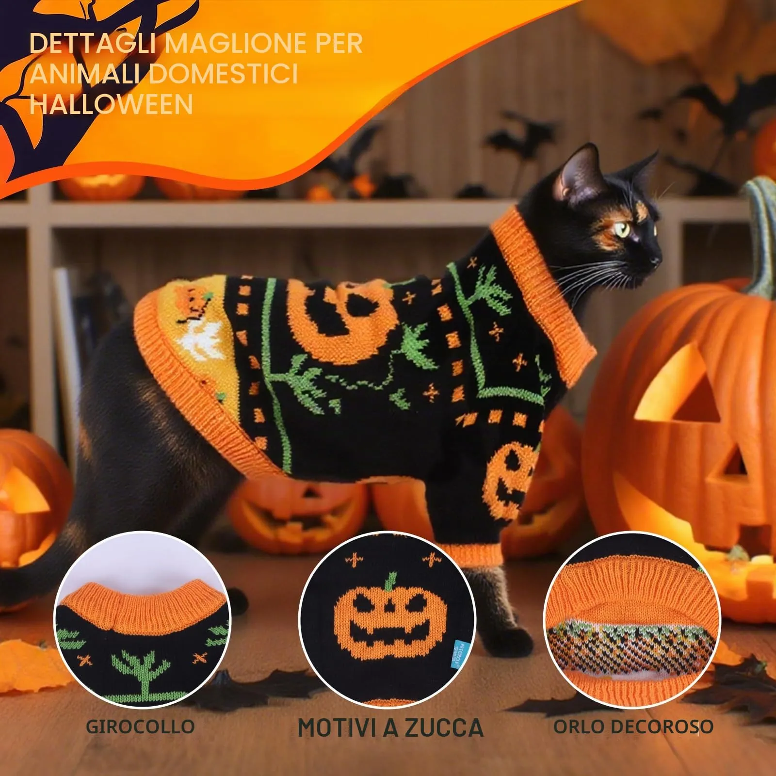 Fnaobai Maglione Halloween a collo alto per cani e gatti, XS, Arancione - immagine 2