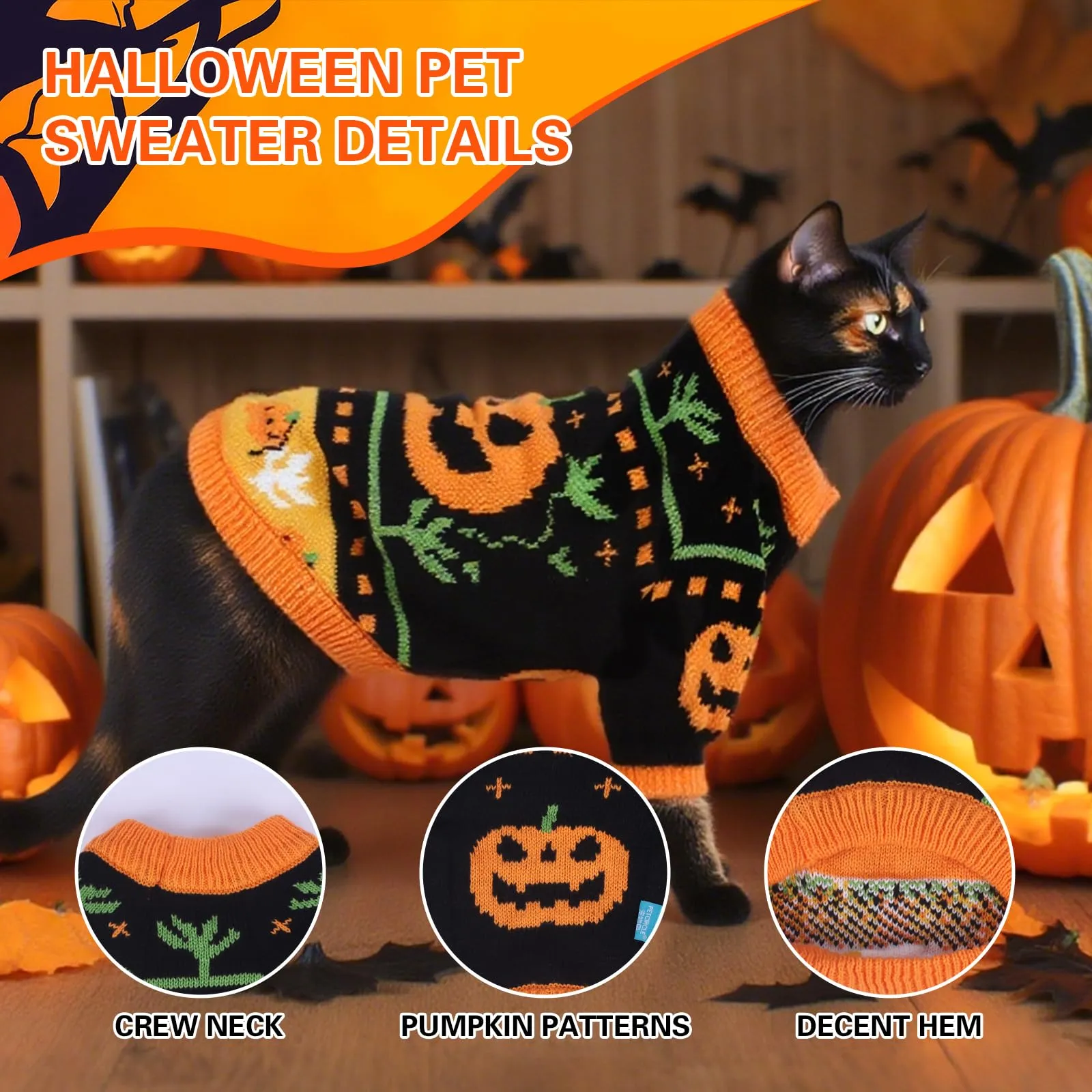 Fnaobai Maglione di Halloween a Collo Alto per Cani e Gatti, Arancione, Taglia L - immagine 2