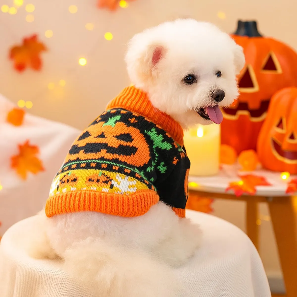 Fnaobai Maglione di Halloween a Collo Alto per Cani e Gatti, Arancione, Taglia L - immagine 7