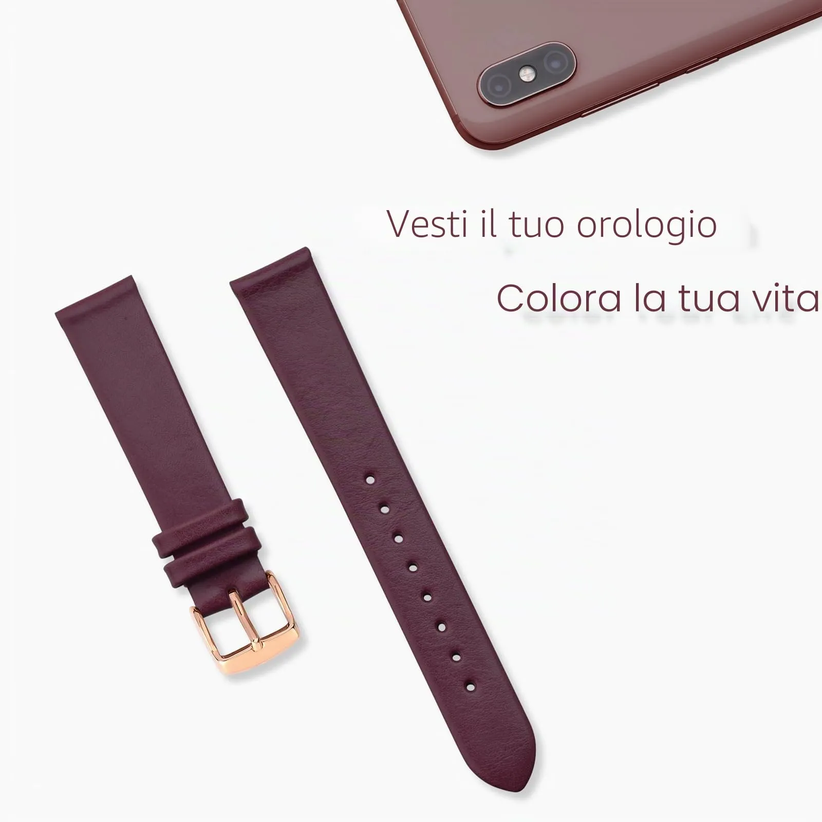WOCCI Cinturino per Orologio in Pelle 16mm - Prugna Scura con Fibbia Oro Rosa - immagine 7