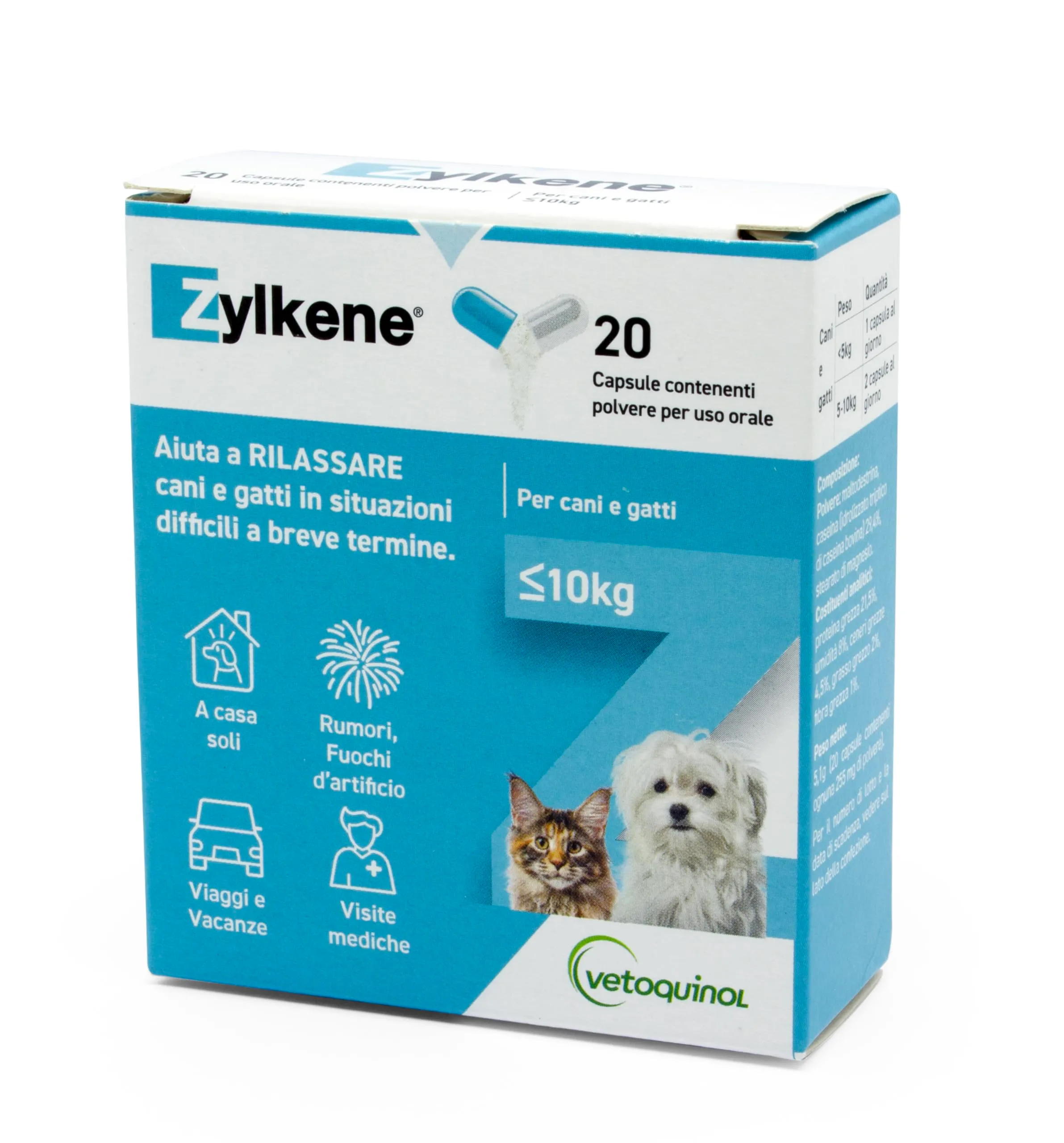 Vetoquinol Zylkene Mangime Complementare per Cani e Gatti fino a 10 kg, 75 mg, 20 capsule - immagine 1