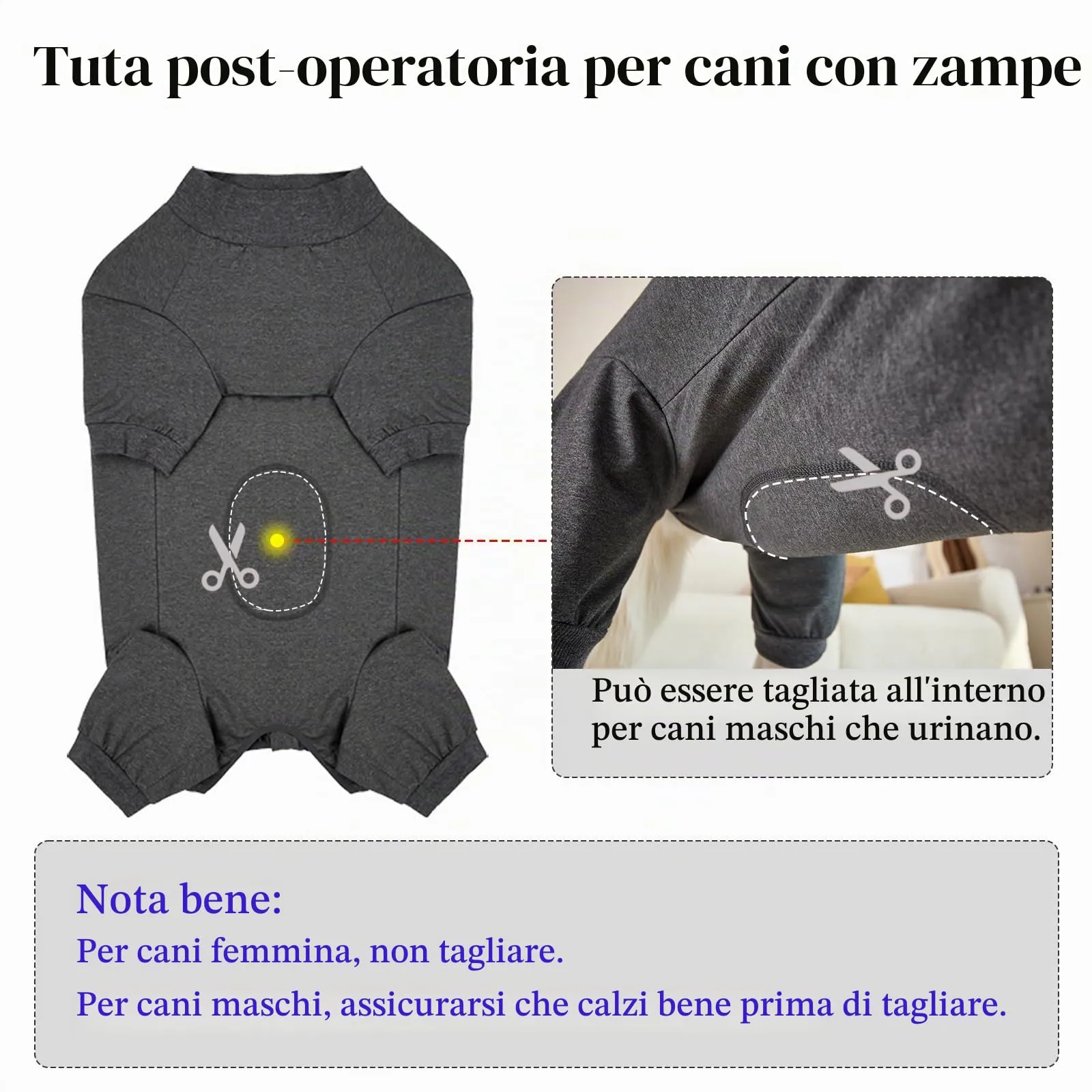 Cyponpy Tuta Post Operatoria per Cani con Zampe e Cerniera, Body Chirurgico Protettivo per Sterilizzazione, Grigio, Taglia M - immagine 5