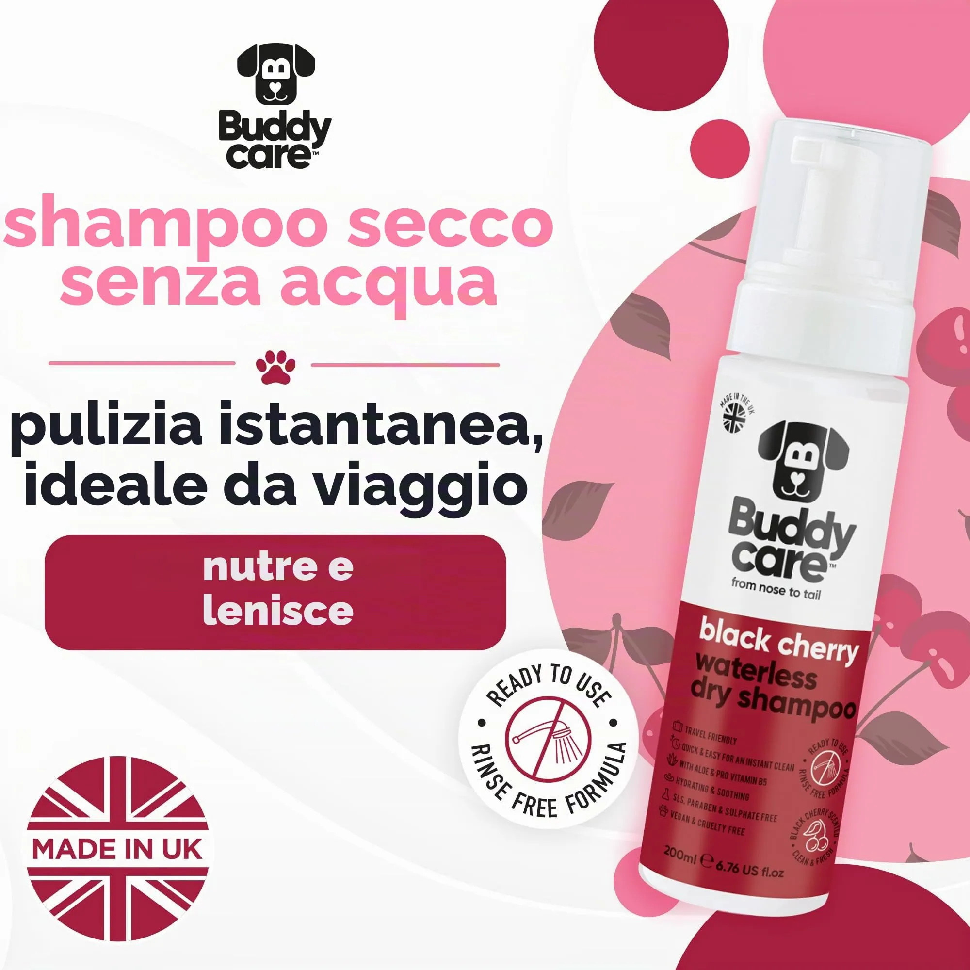 Buddycare Shampoo secco per cani alla ciliegia nera per pelli sensibili, 200 ml - immagine 2