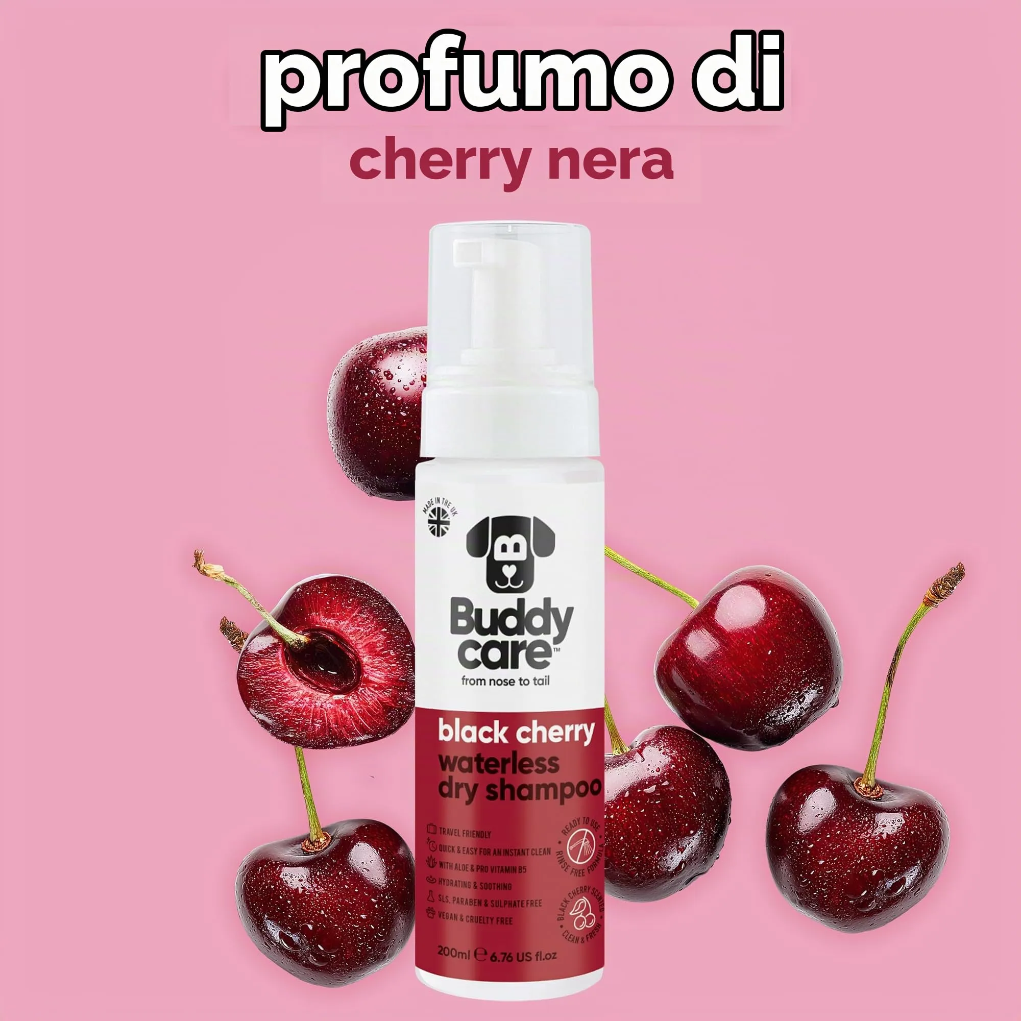 Buddycare Shampoo secco per cani alla ciliegia nera per pelli sensibili, 200 ml - immagine 4