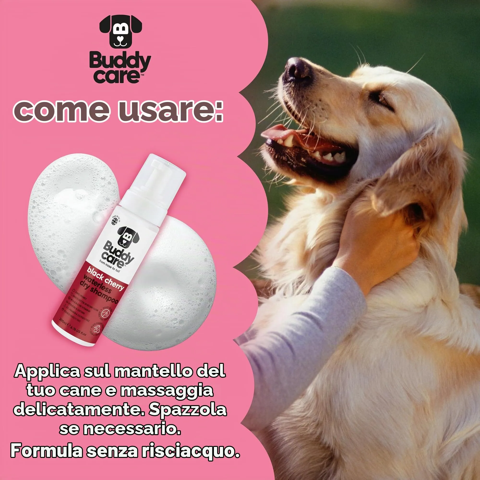 Buddycare Shampoo secco per cani alla ciliegia nera per pelli sensibili, 200 ml - immagine 6