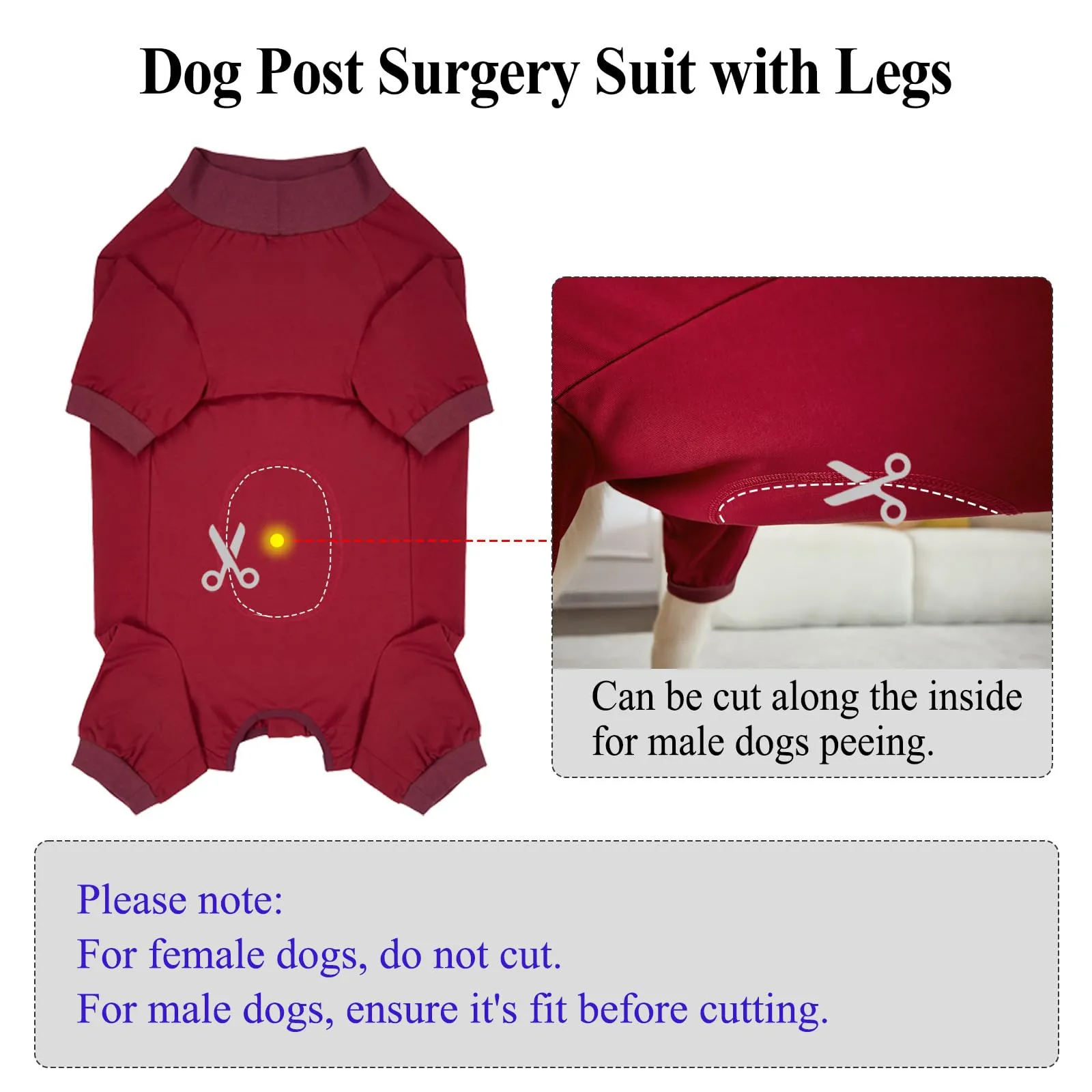 Cyponpy Tuta Post Operatoria per Cani con Zampe e Cerniera, Body Chirurgico per Sterilizzazione, Rosso, M+ - immagine 5