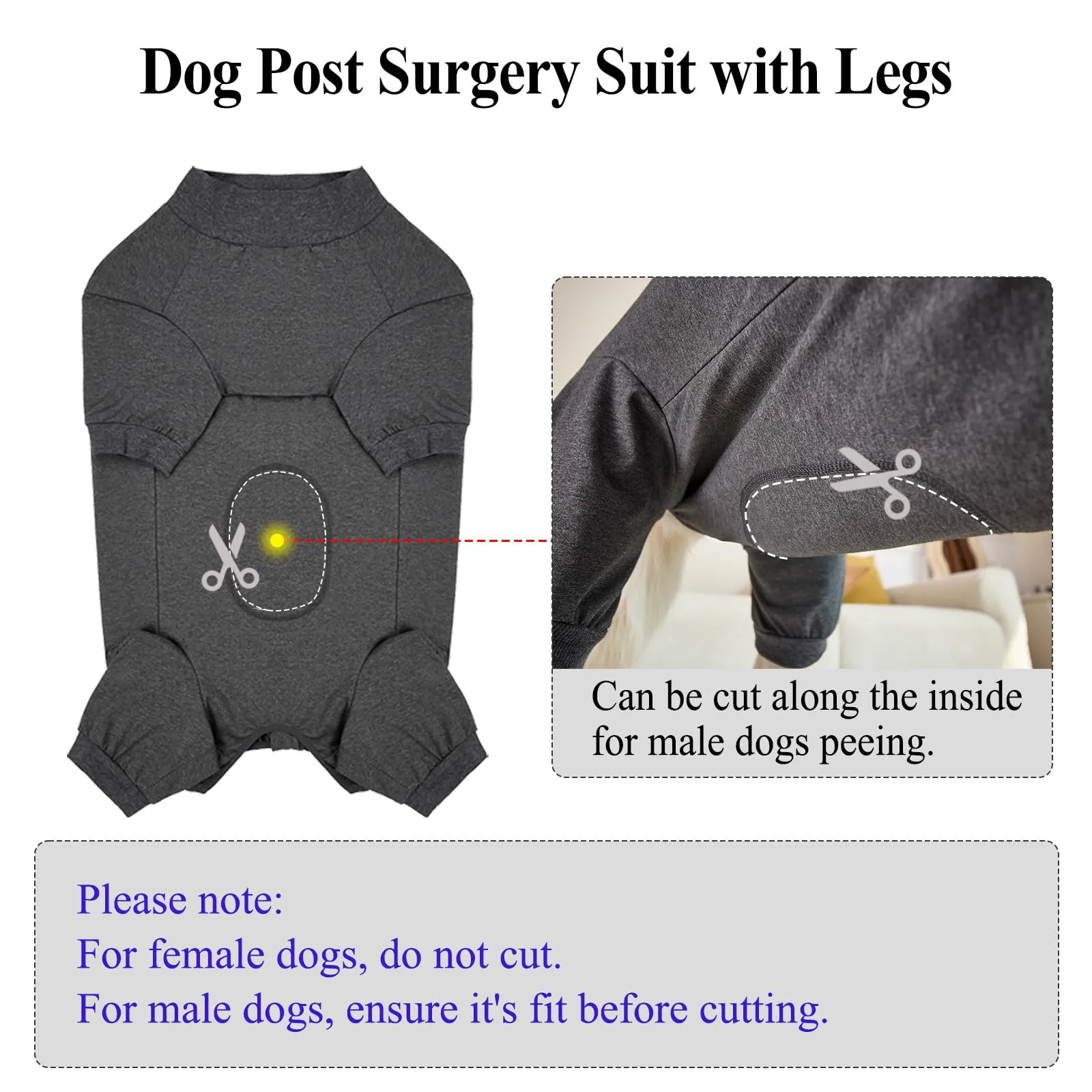Cyponpy Tuta Post Operatoria per Cani con Zampe e Cerniera, Body Chirurgico per Sterilizzazione, Grigio, XS - immagine 5