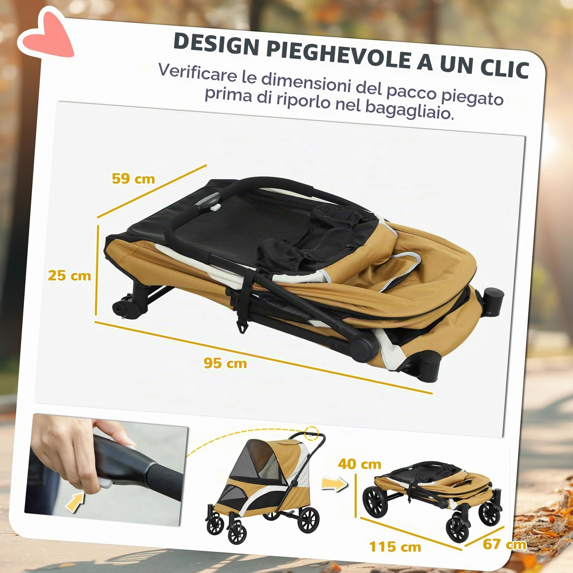 PawHut Passeggino Pieghevole per Cani e Gatti fino a 25 kg, Marrone - immagine 5