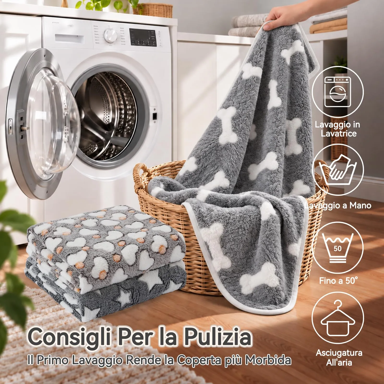 COMSLE Coperta in Flanella per Cani e Gatti, 3 Pezzi, 76 x 52 cm, Osso grigio - immagine 5