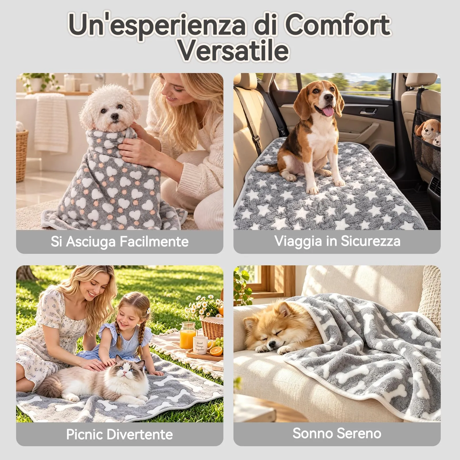 COMSLE Coperta in Flanella per Cani e Gatti, 3 Pezzi, 40 x 60 cm, Osso Grigio - immagine 7