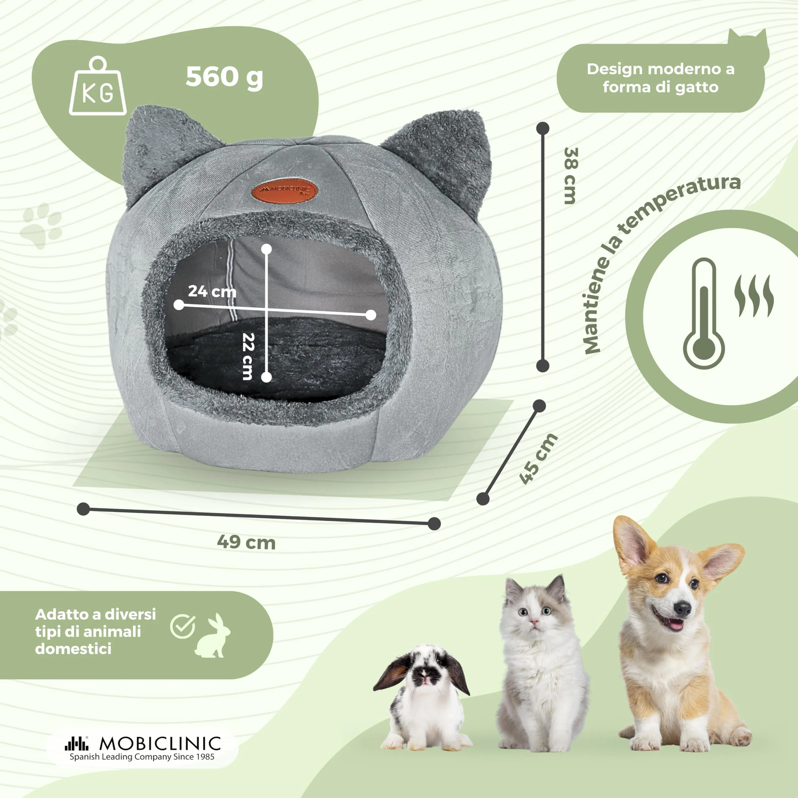 Mobiclinic Hellocatty Letto per gatti, Cova nido morbida e lavabile con cuscino rimovibile e base antiscivolo, Spugna 25d - immagine 2