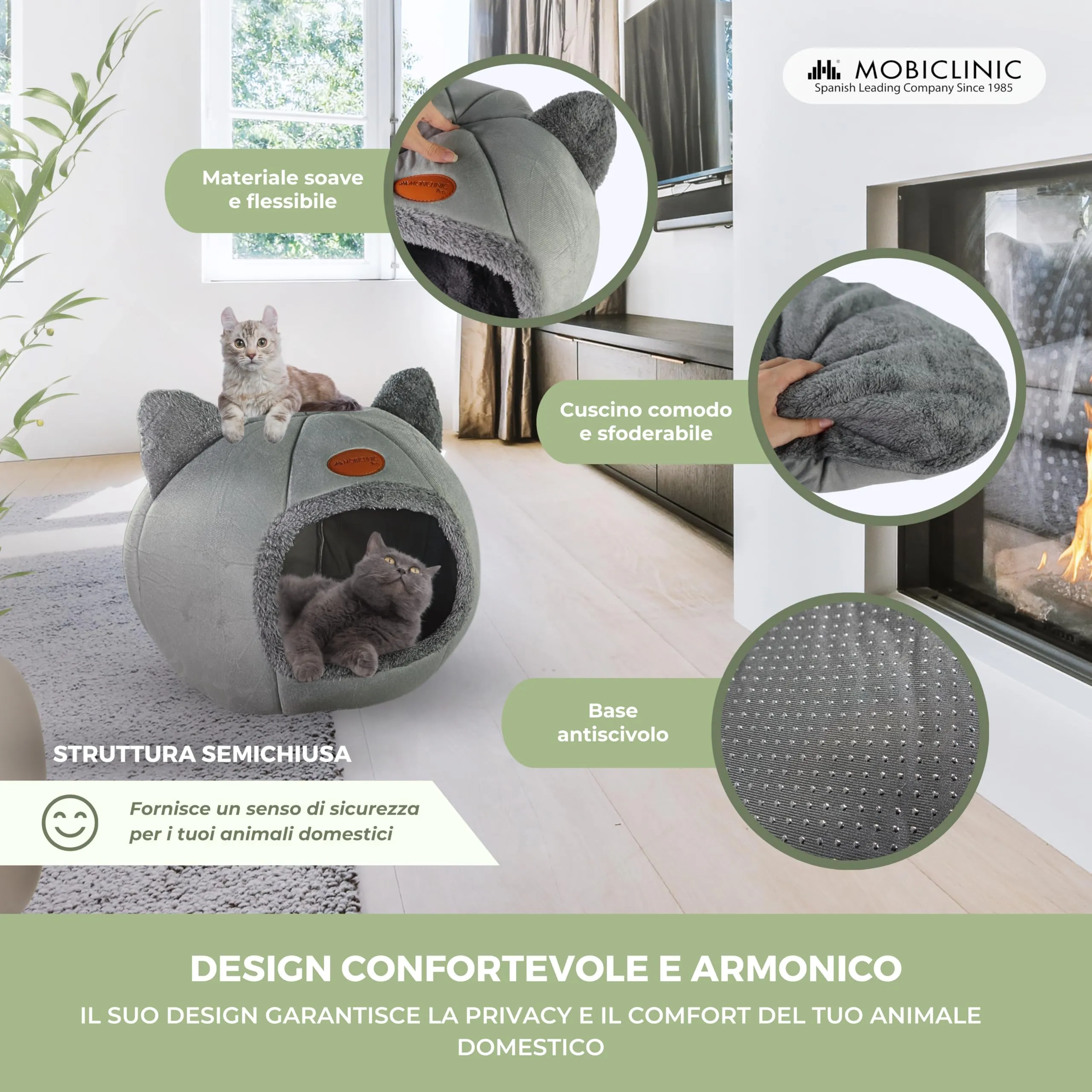 Mobiclinic Hellocatty Letto per gatti, Cova nido morbida e lavabile con cuscino rimovibile e base antiscivolo, Spugna 25d - immagine 3