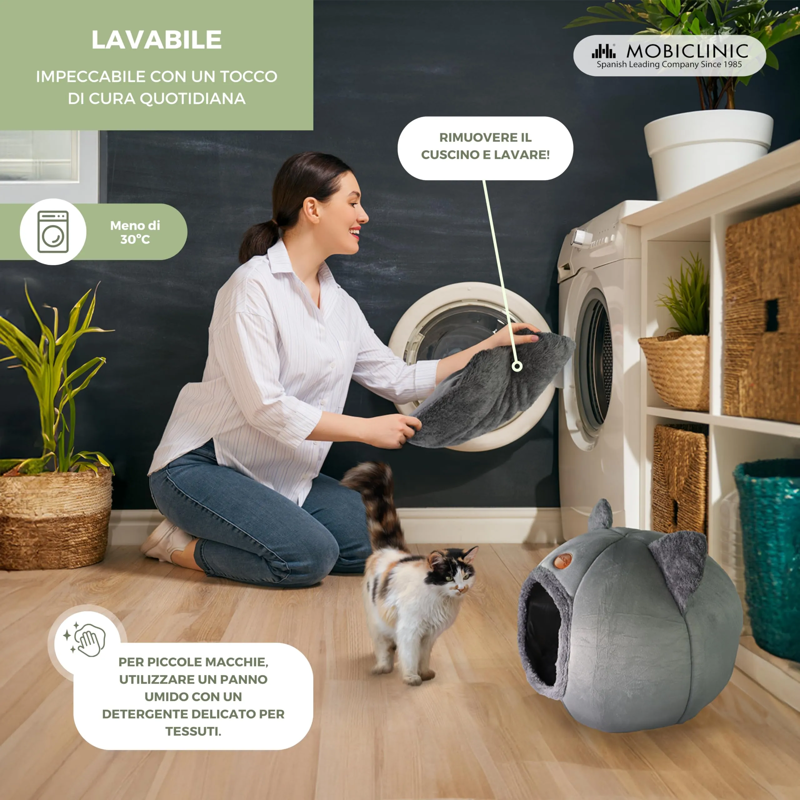Mobiclinic Hellocatty Letto per gatti, Cova nido morbida e lavabile con cuscino rimovibile e base antiscivolo, Spugna 25d - immagine 8