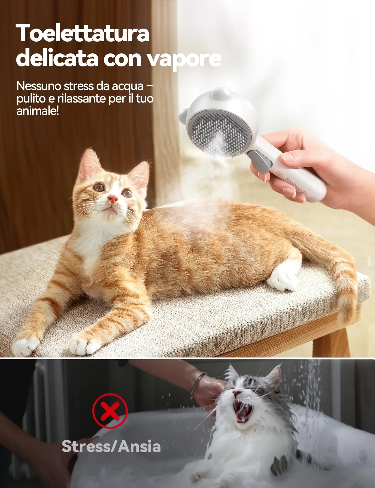 FEELNEEDY Spazzola a Vapore per Gatti e Cani Ricaricabile con Pulsante di Rilascio per Peli Lunghi e Corti - immagine 2