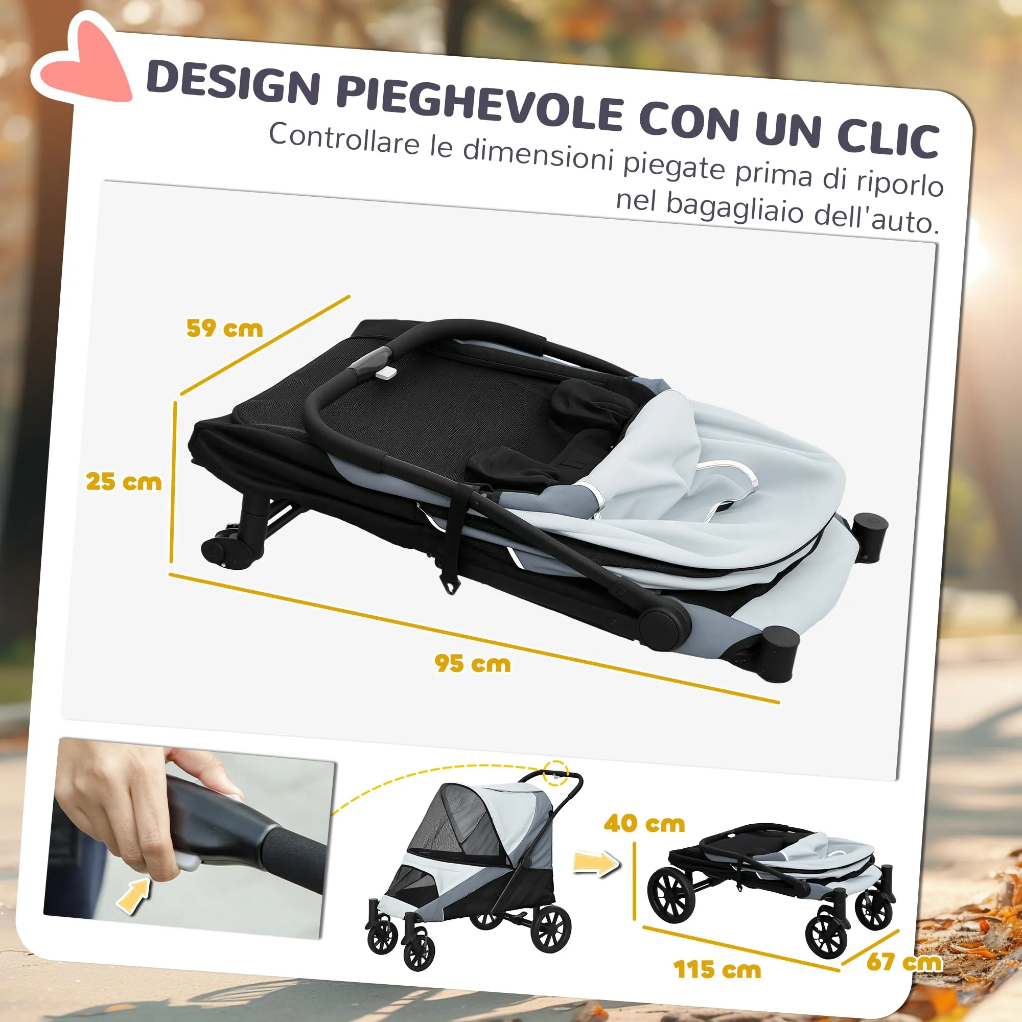 PawHut Passeggino per Cani Taglia Media Pieghevole con Cuscino, Grigio - immagine 5