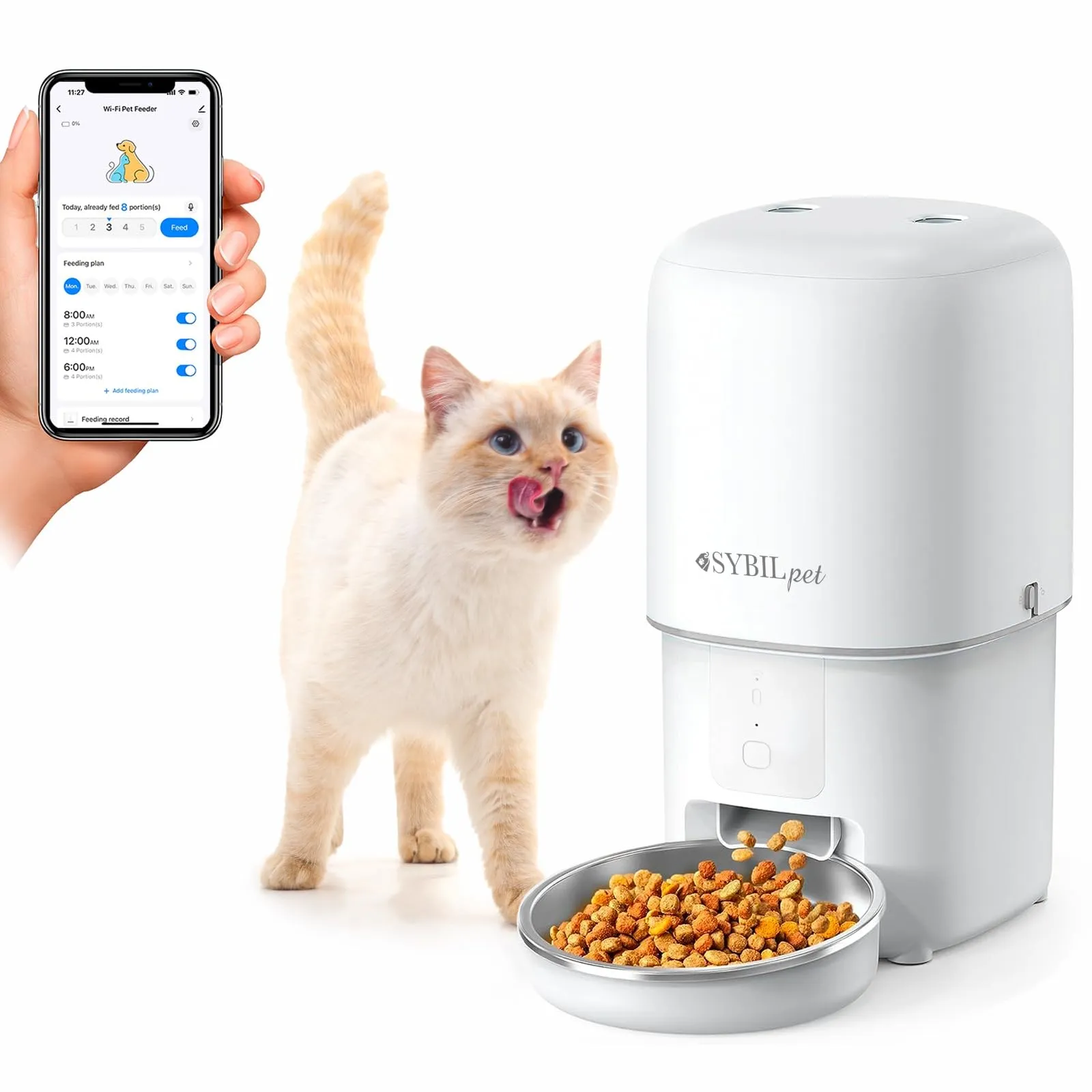 SYBILPET Distributore Automatico Cibo Gatti SP02, Dispenser Crocchette con App e Messaggio Vocale, 4L - immagine 1