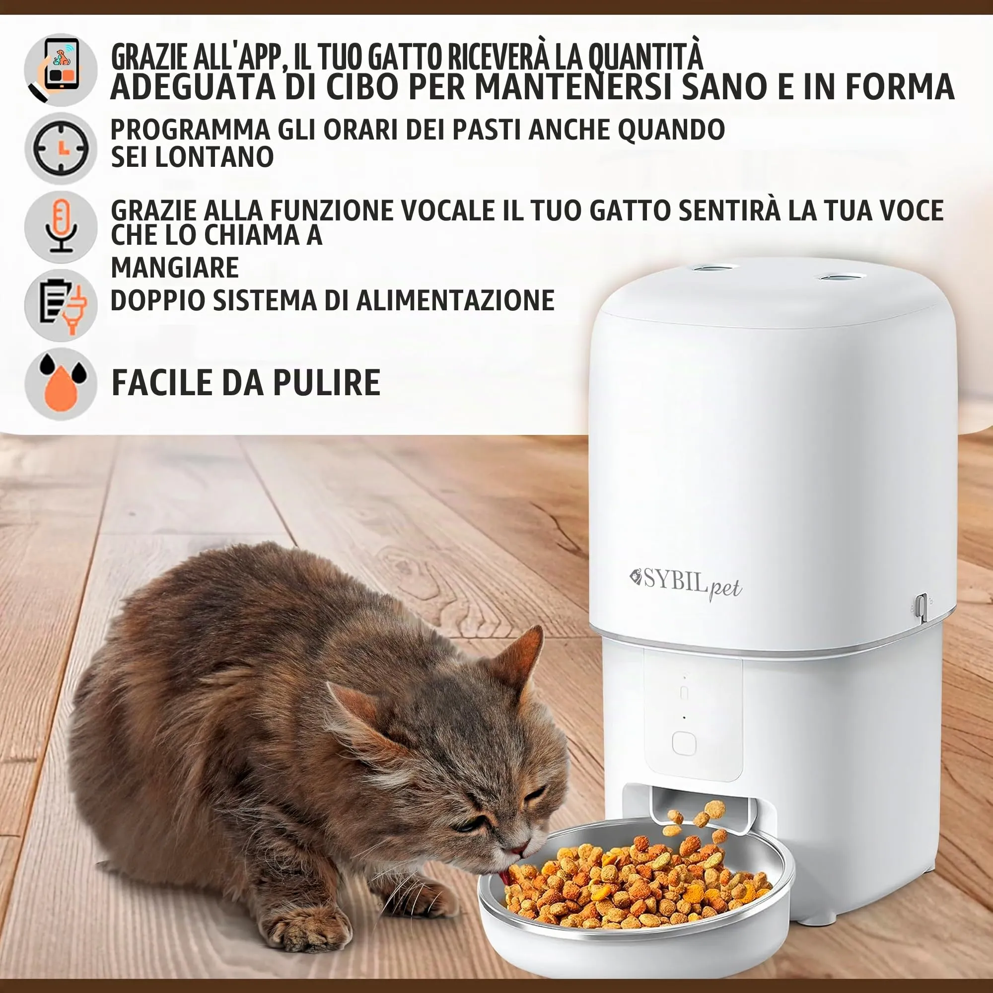 SYBILPET Distributore Automatico Cibo Gatti SP02, Dispenser Crocchette con App e Messaggio Vocale, 4L - immagine 5