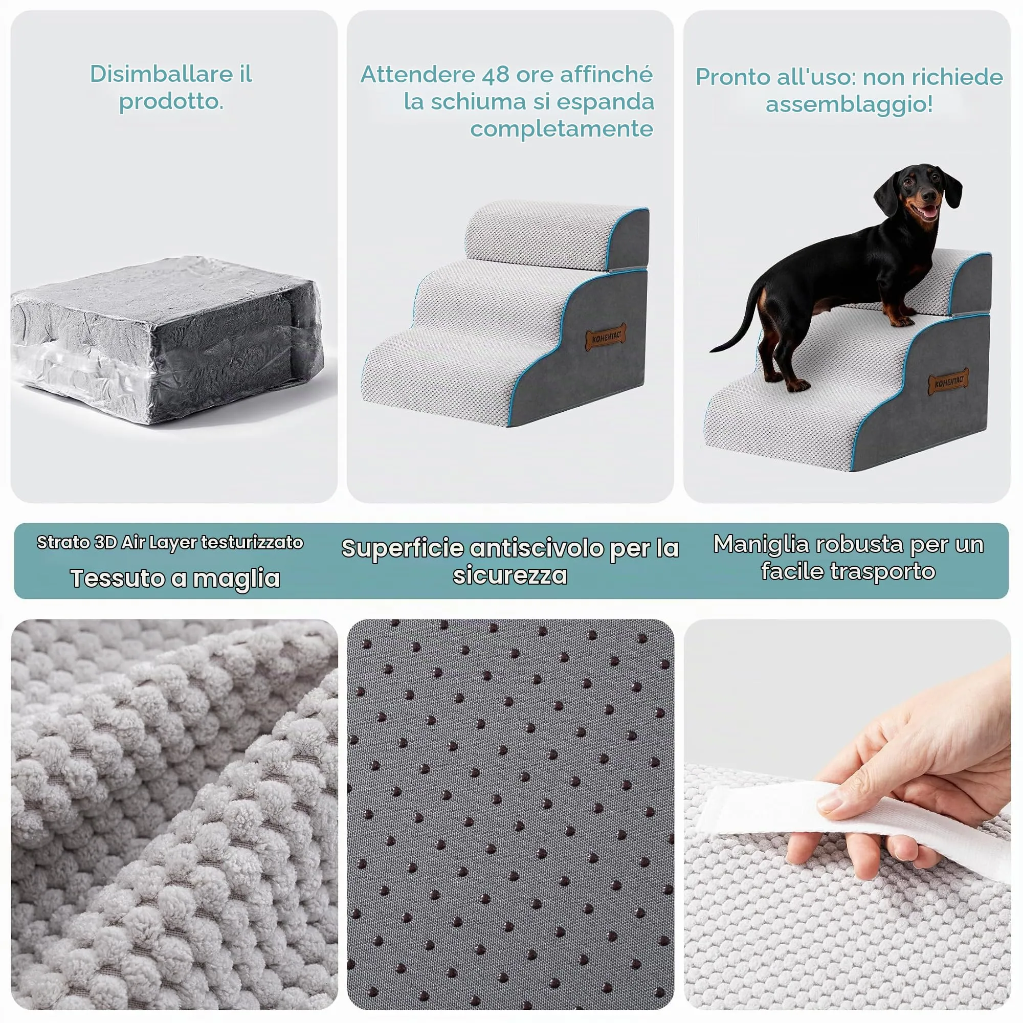 Kohentact Scaletta e Rampa per Cani, 33-61 cm, Schiuma 40D, Grigio - immagine 2
