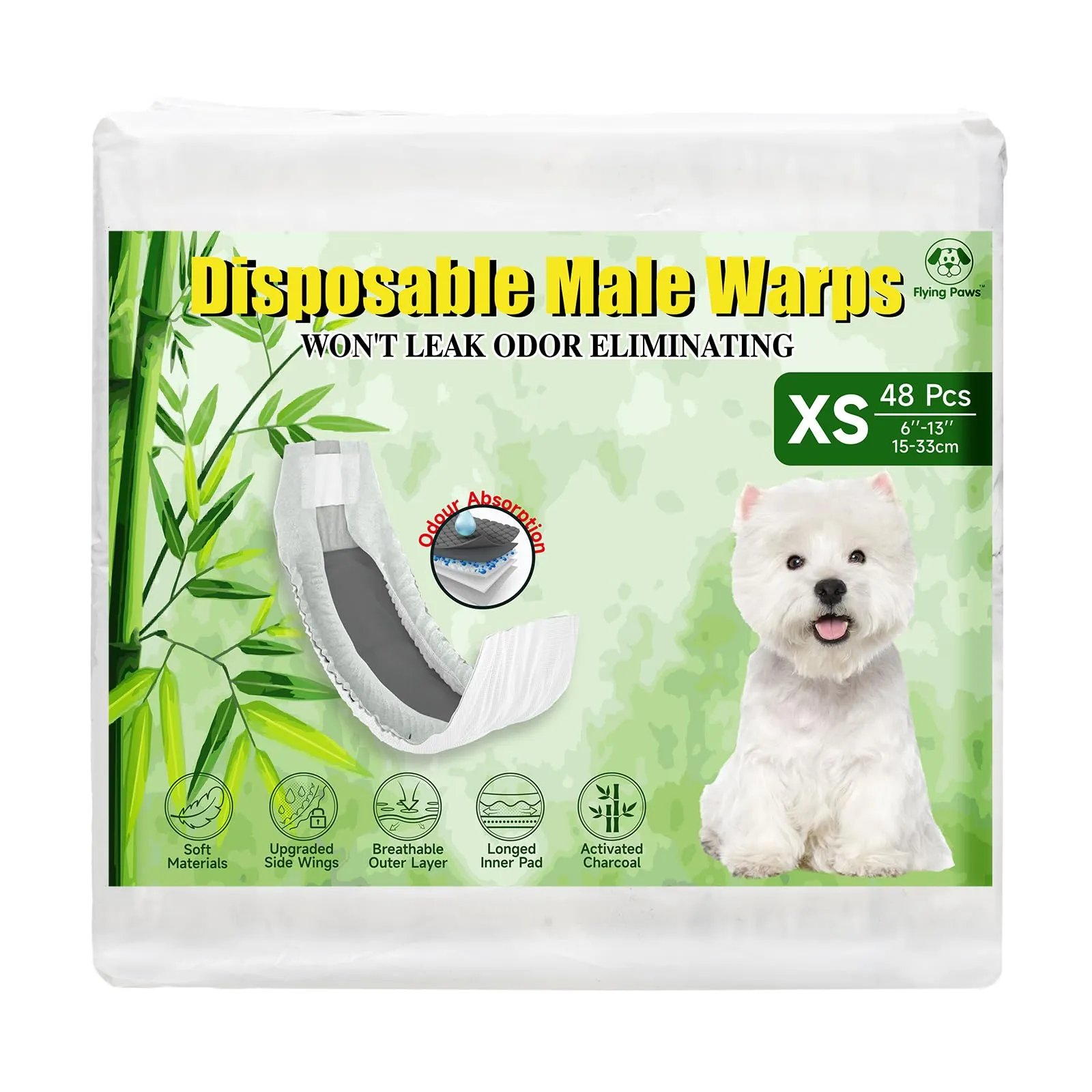 Flying Paws Pannolini per cani maschi, Carbone attivo, XS, 48 pezzi - immagine 1