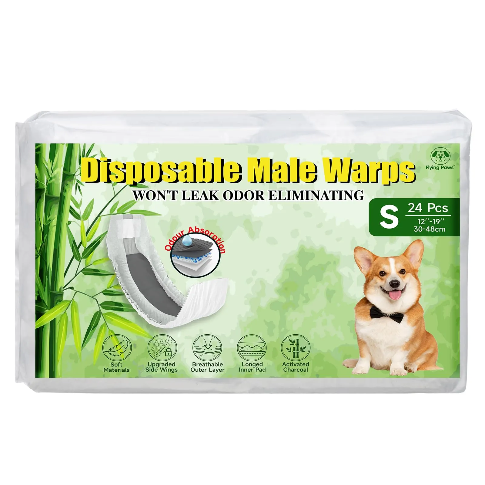 Flying Paws Pannolini per cani maschi, S, 24 pezzi, carbone attivo - immagine 1