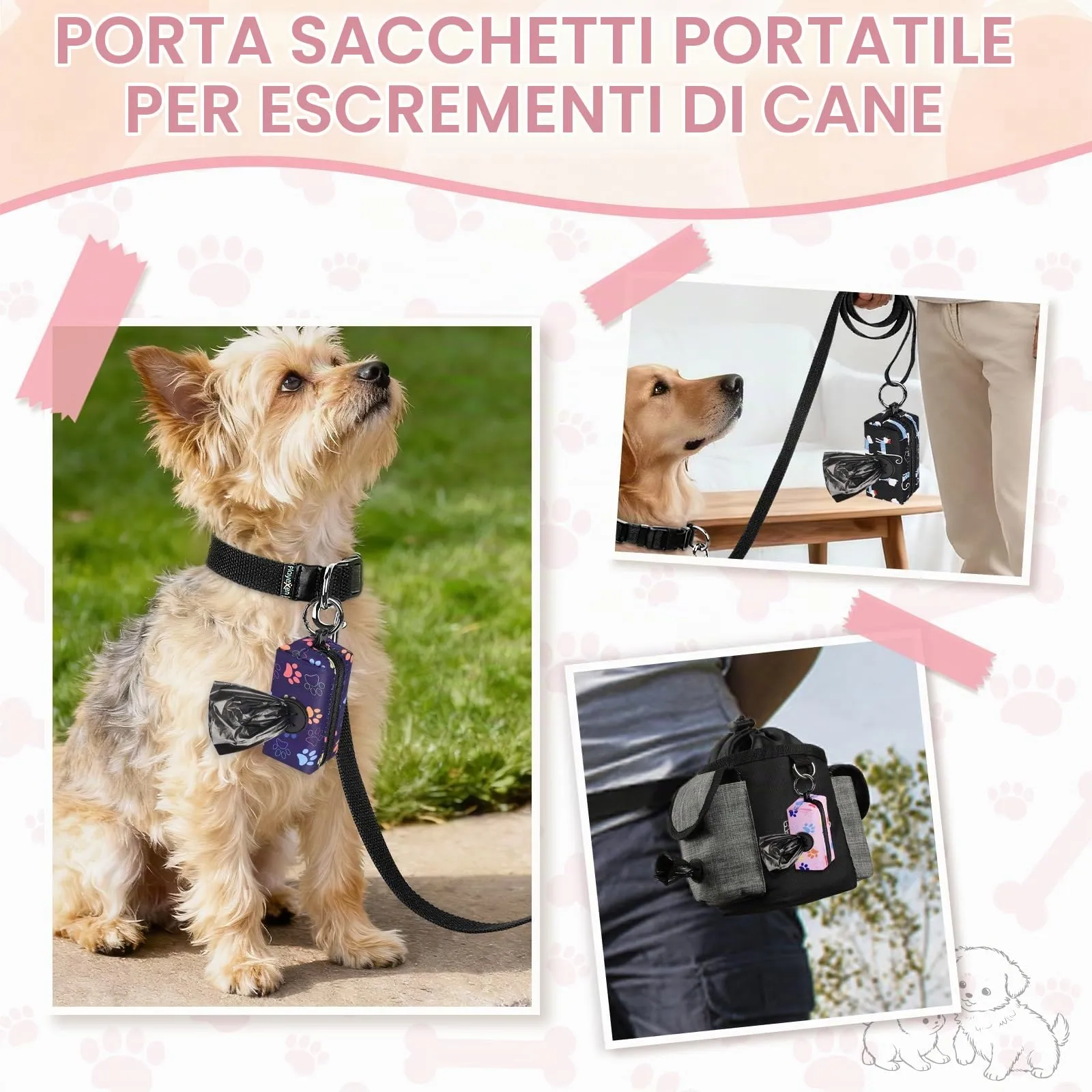 Playexen Porta Sacchetti Cane Dispenser con Moschettone, Confezione da 2 Pezzi, Nero - immagine 3