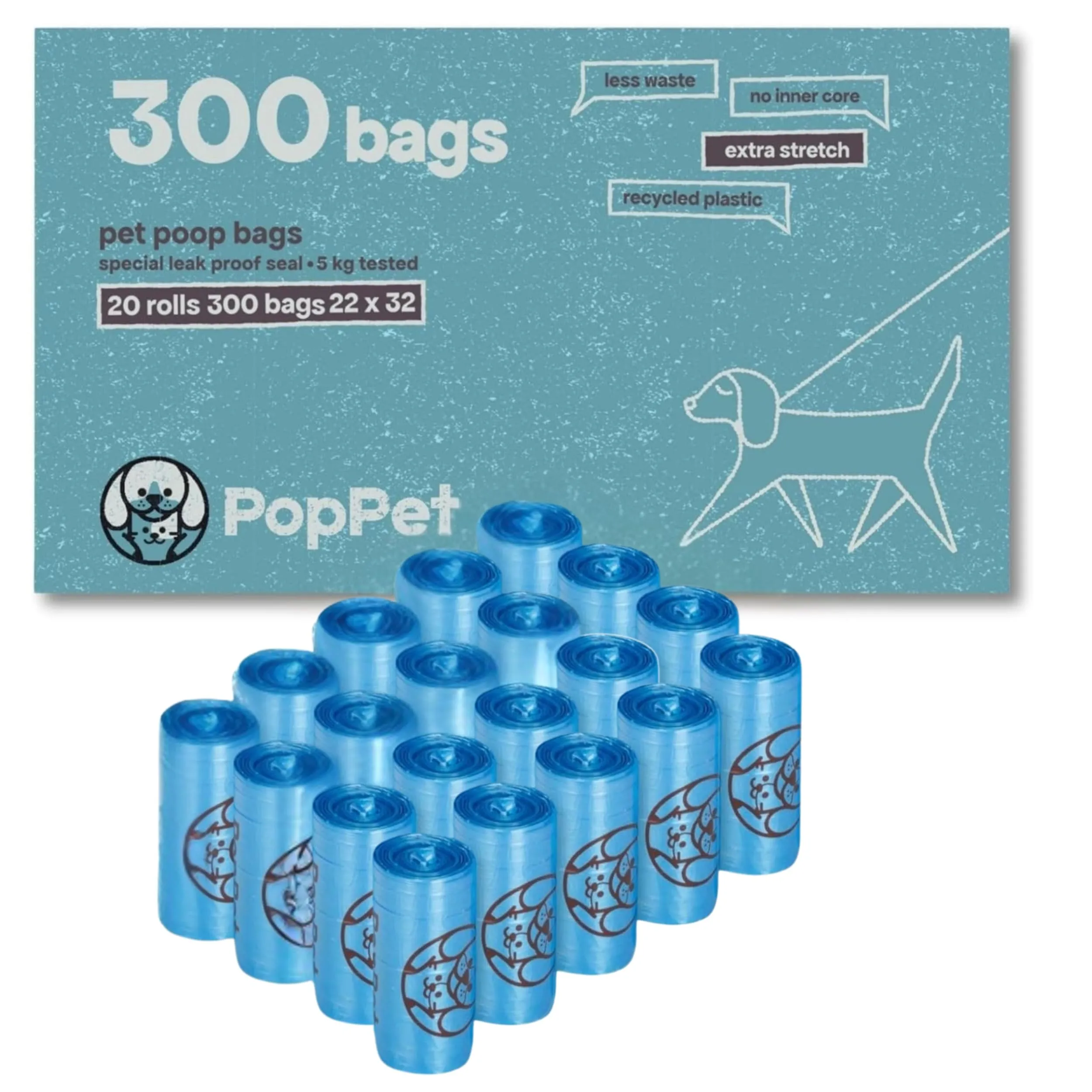 Poppet Sacchetti Igienici Extra Stretch per Escrementi Cani, Materiale Riciclato, 300 Unità - immagine 1