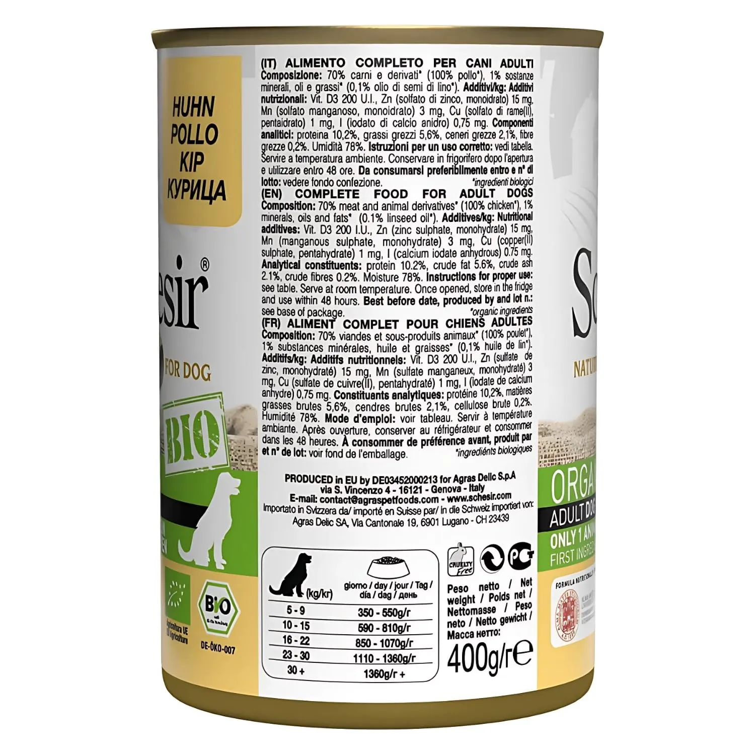 Schesir BIO Alimento Completo Umido per Cani Adulti, Paté di Pollo senza Cereali, 6 x 400g - immagine 3
