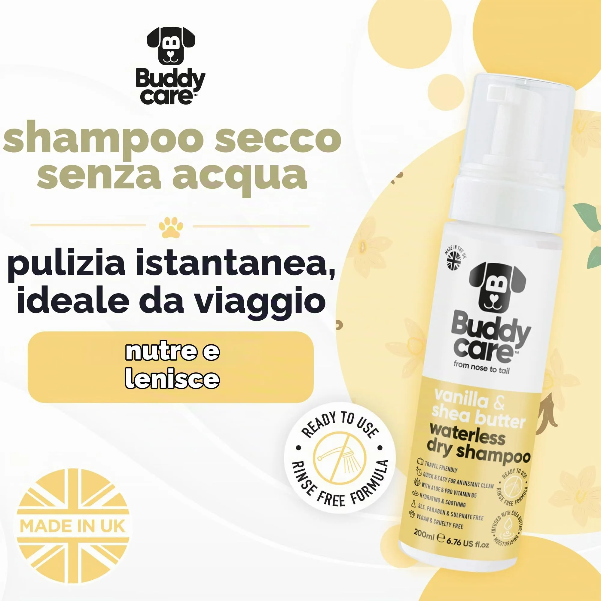 Buddycare Shampoo secco per cani alla vaniglia e burro di karité per pelli sensibili, 200 ml - immagine 2